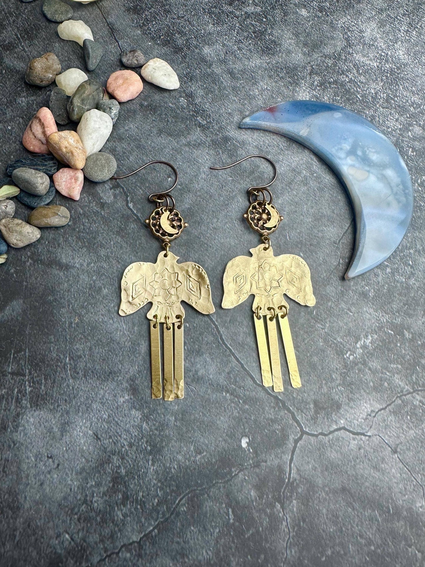 Thunderbird Moon Earrings - Brass Bird Celestial Dangles