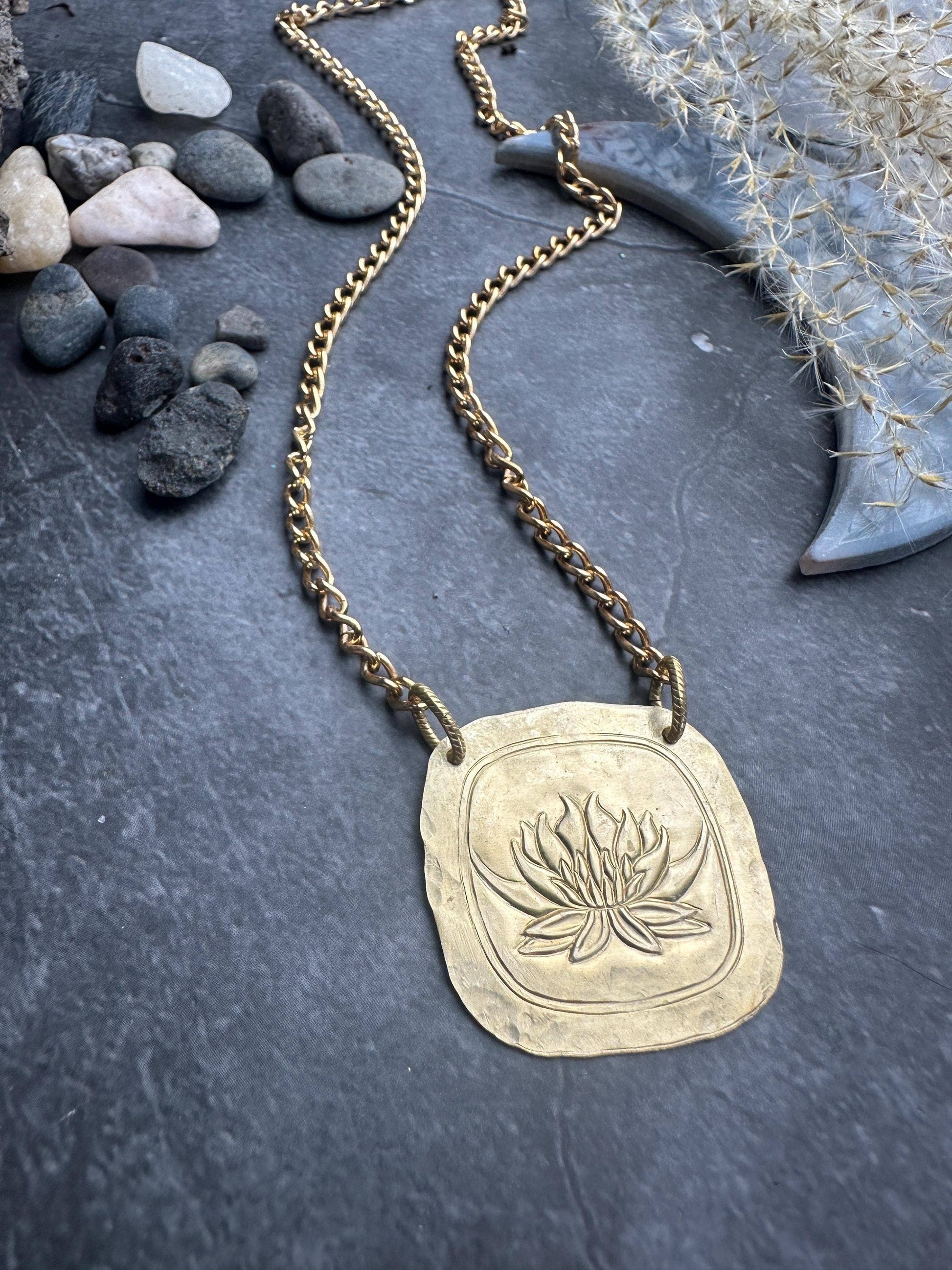 Lotus Geometric Square Pendant Necklace - Hammer Solid Brass