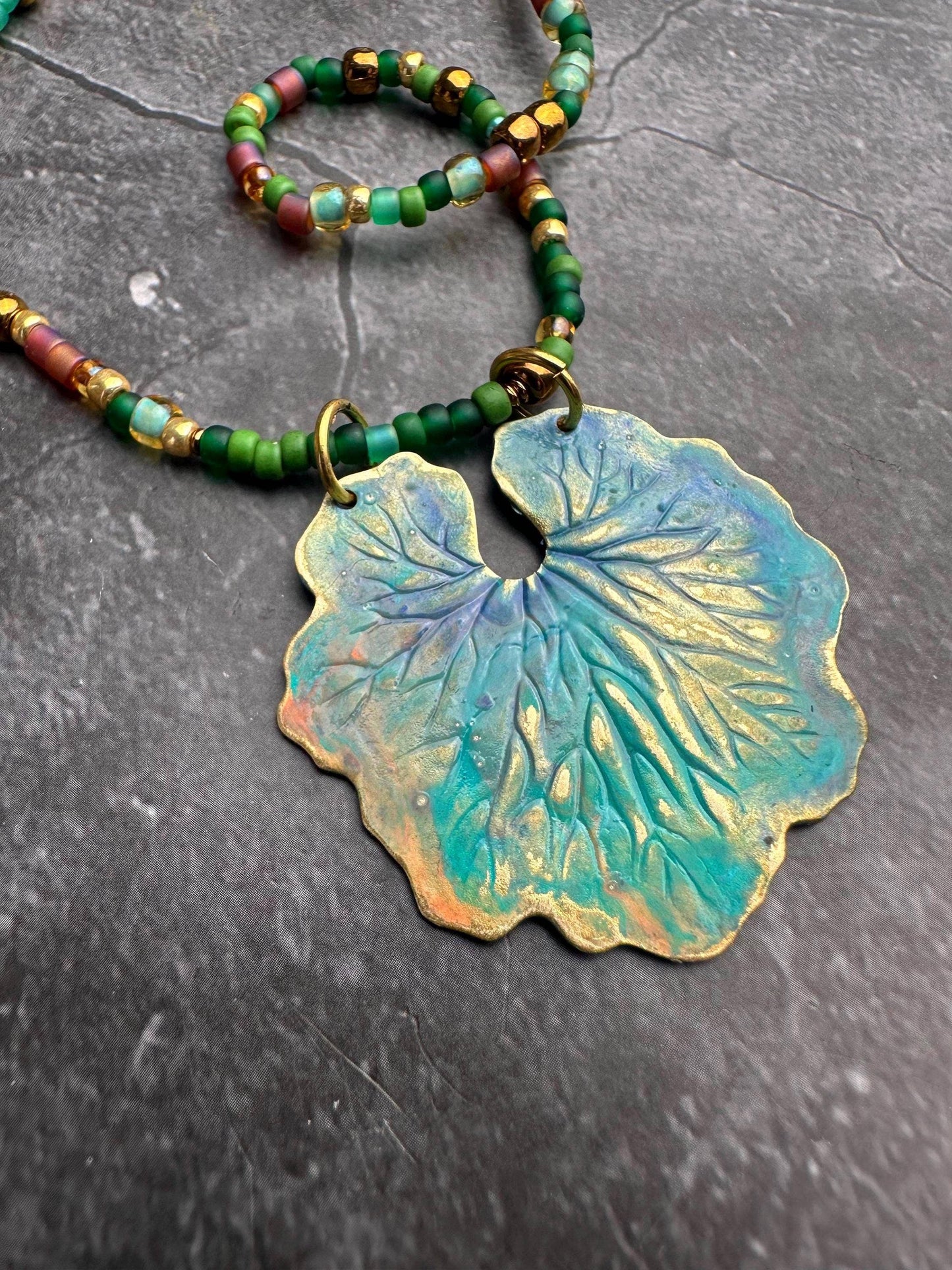Handcrafted Waterlily Leaf Beaded Necklace