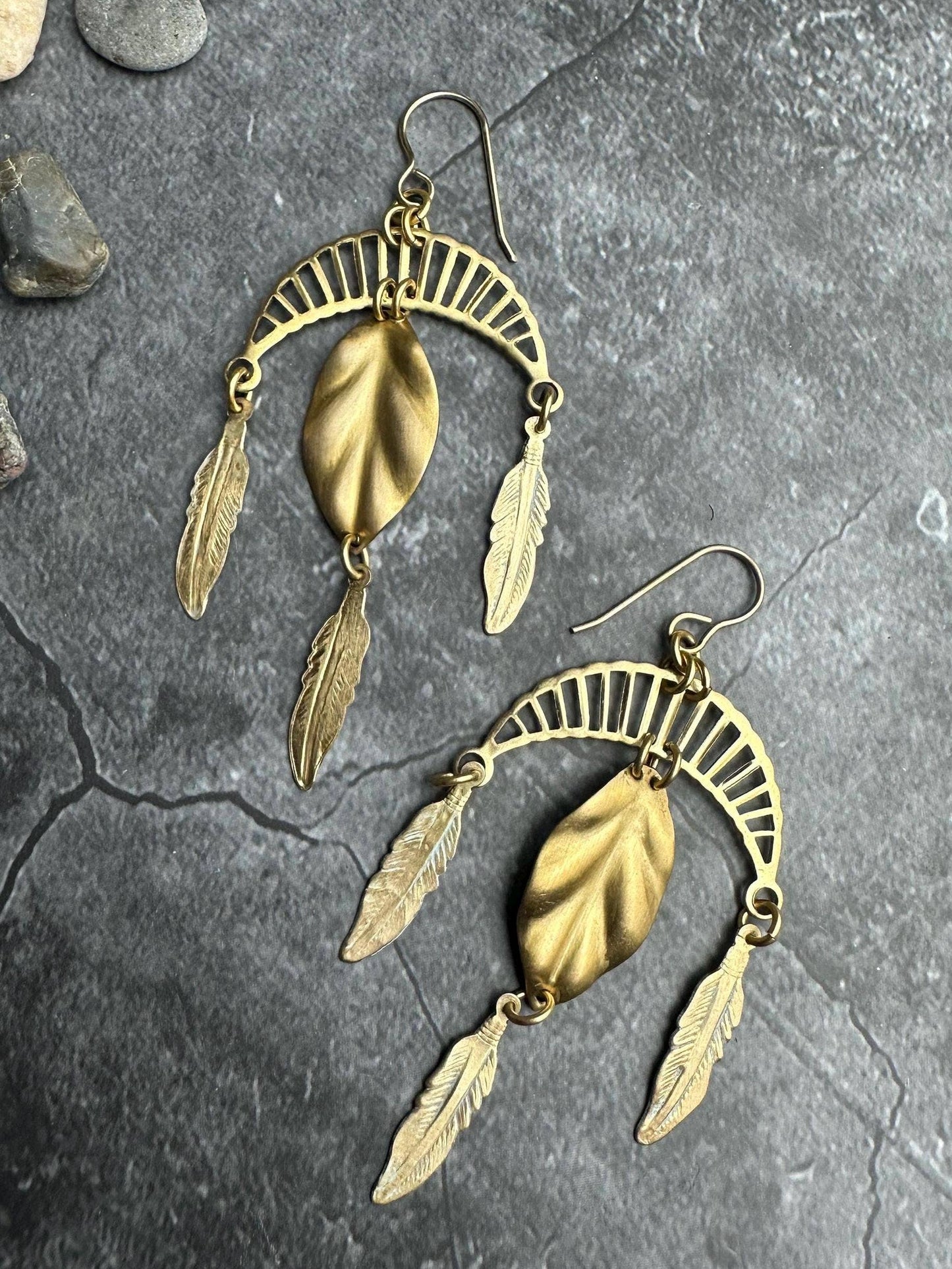 Arching Moon Feather Statement Earrings - Beaten Solid Brass