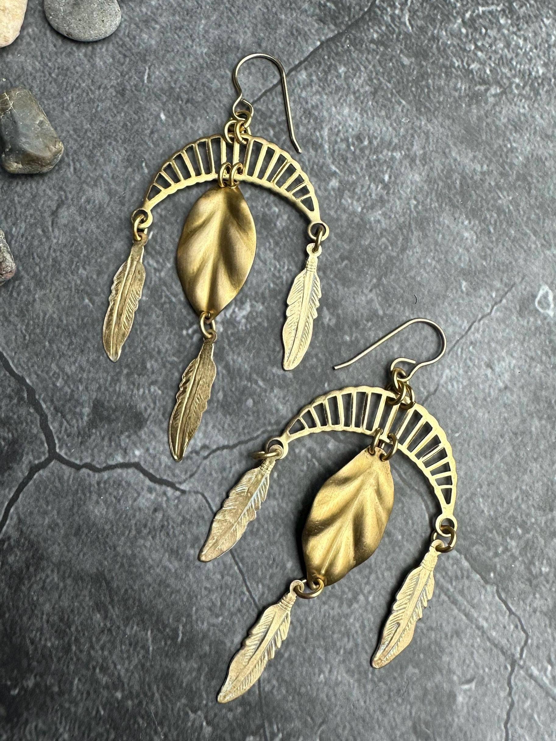 Arching Moon Feather Statement Earrings - Beaten Solid Brass