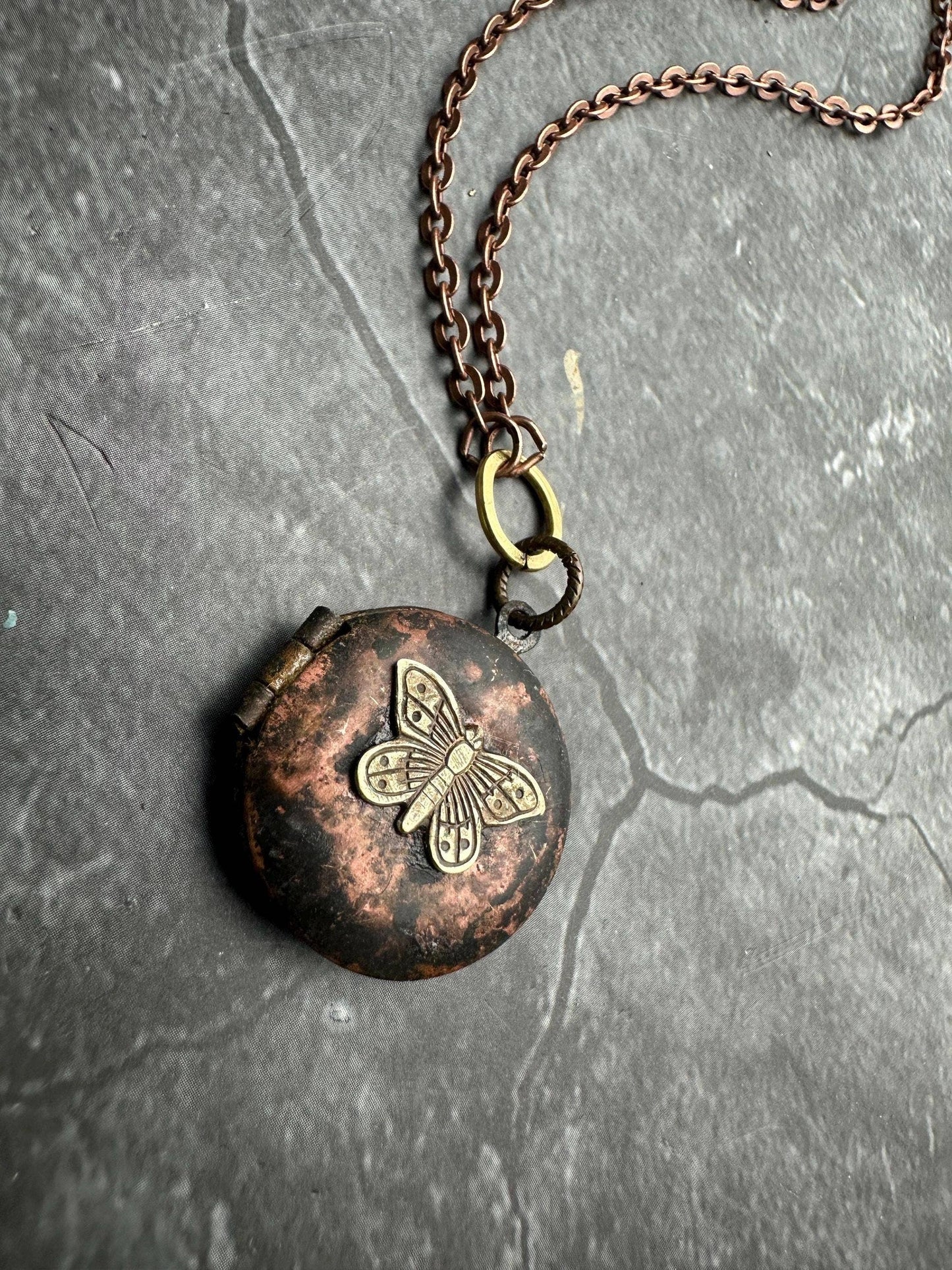 Vintage Brass Oxodized Butterfly Locket Necklace