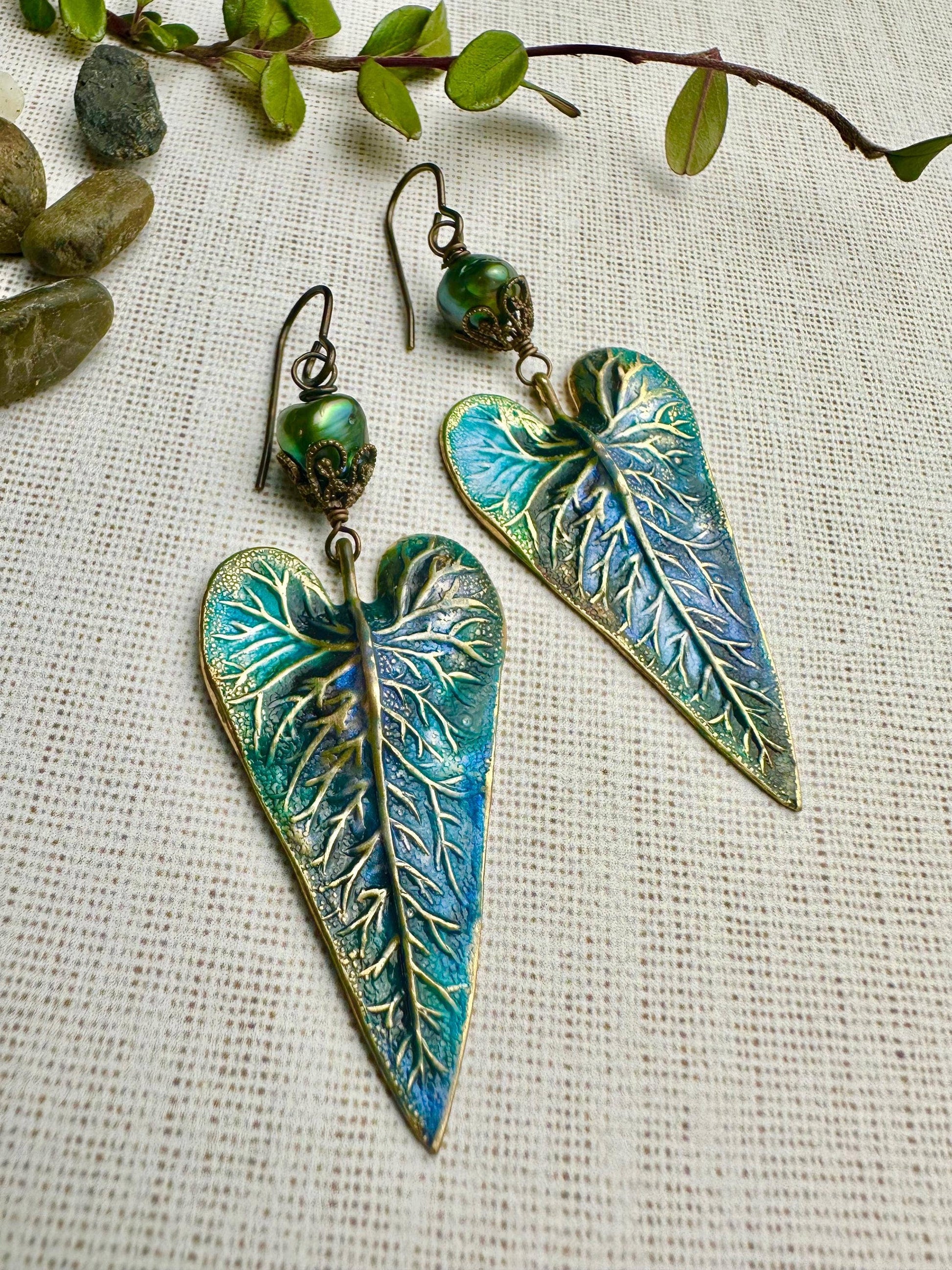 Patina Leaf Earrings with Freshwater Pearl