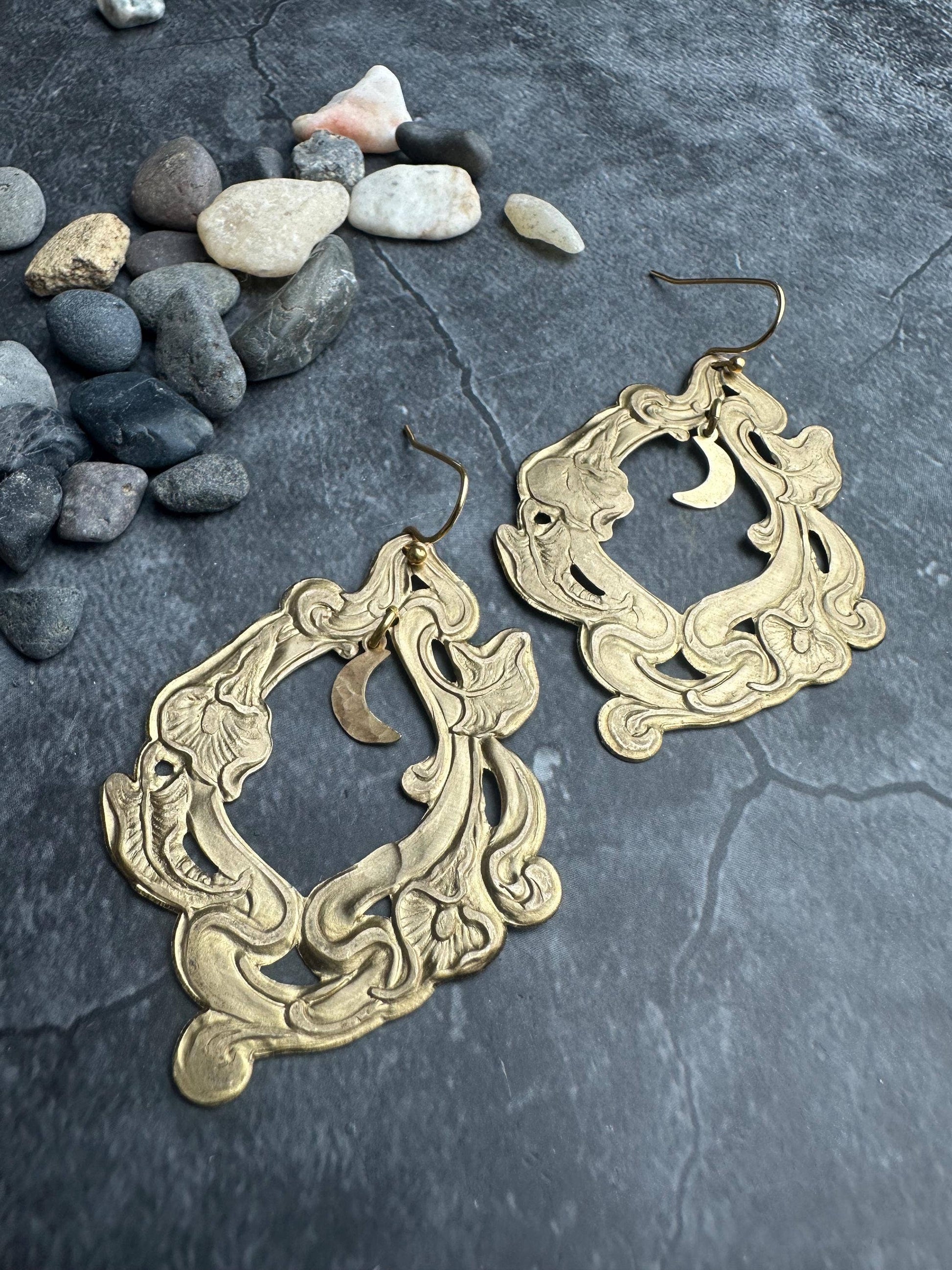 Moon Garden Earrings- Handmade Beaten Solid Brass