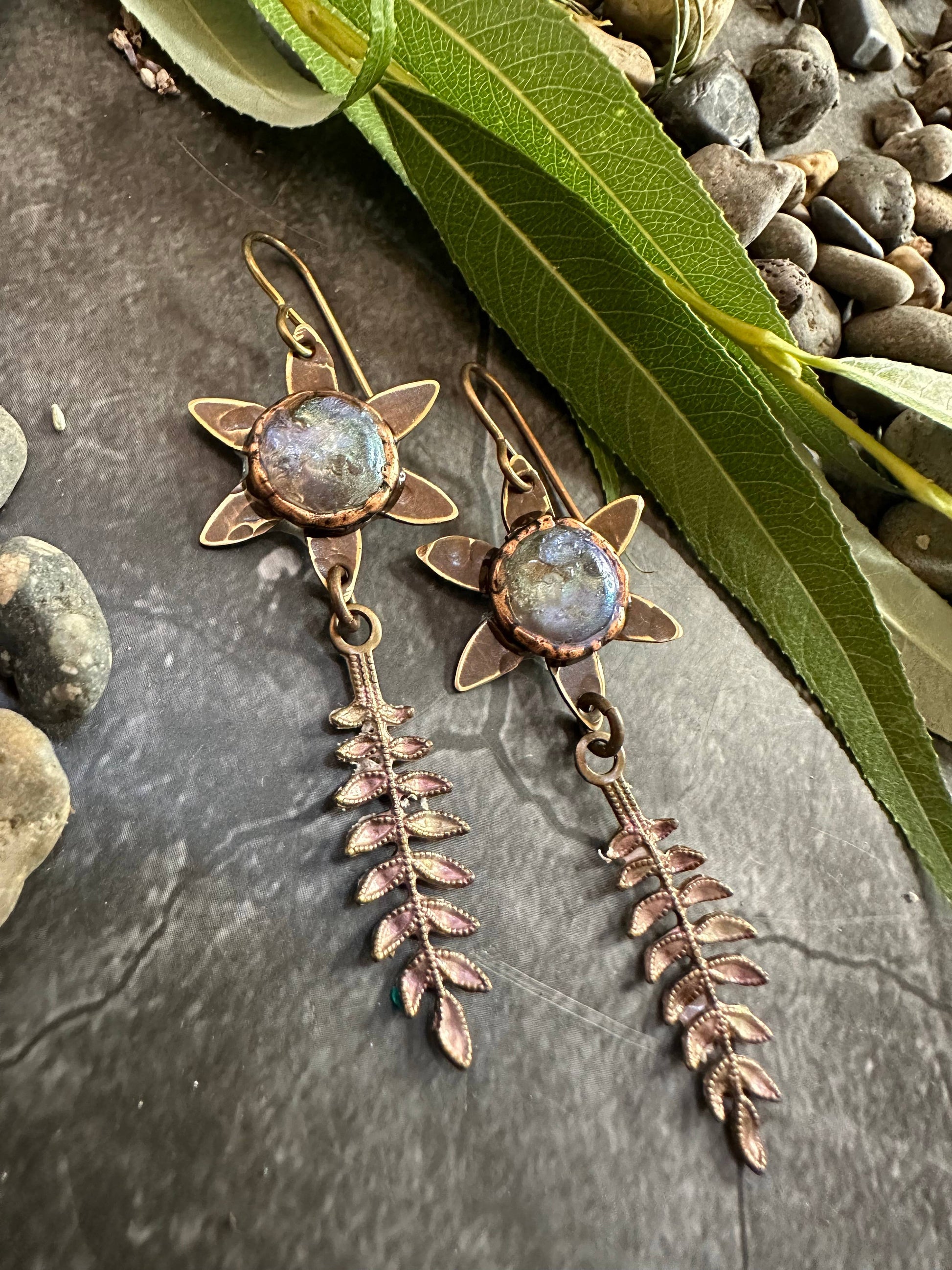 Dewdrop Fern Forest Earrings- Handmade Iridescent Patina