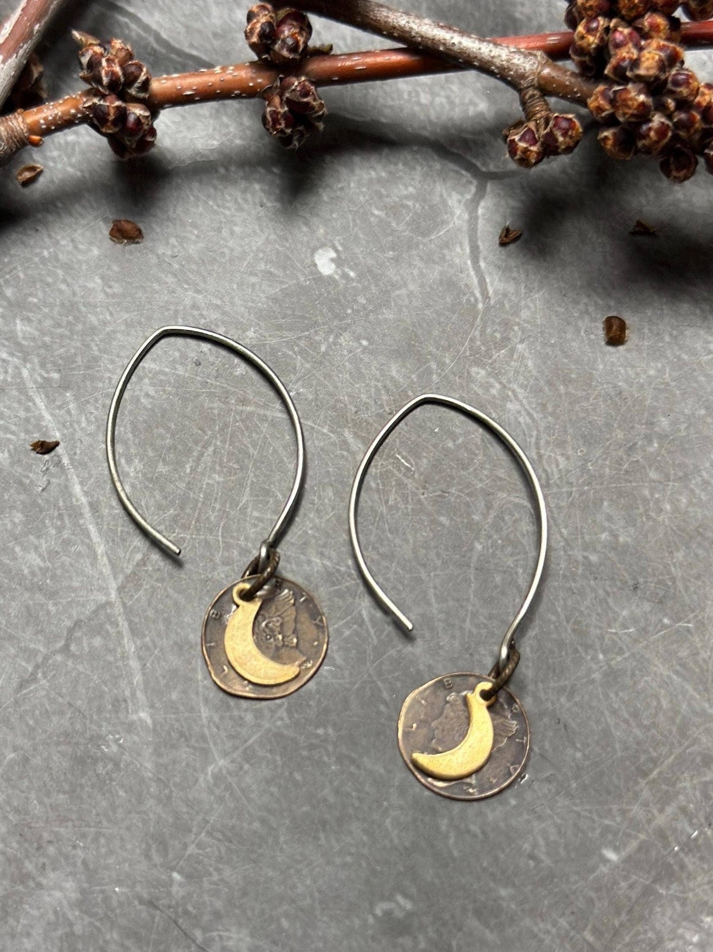 Handcrafted Brass Crescent Moon Coin Earrings