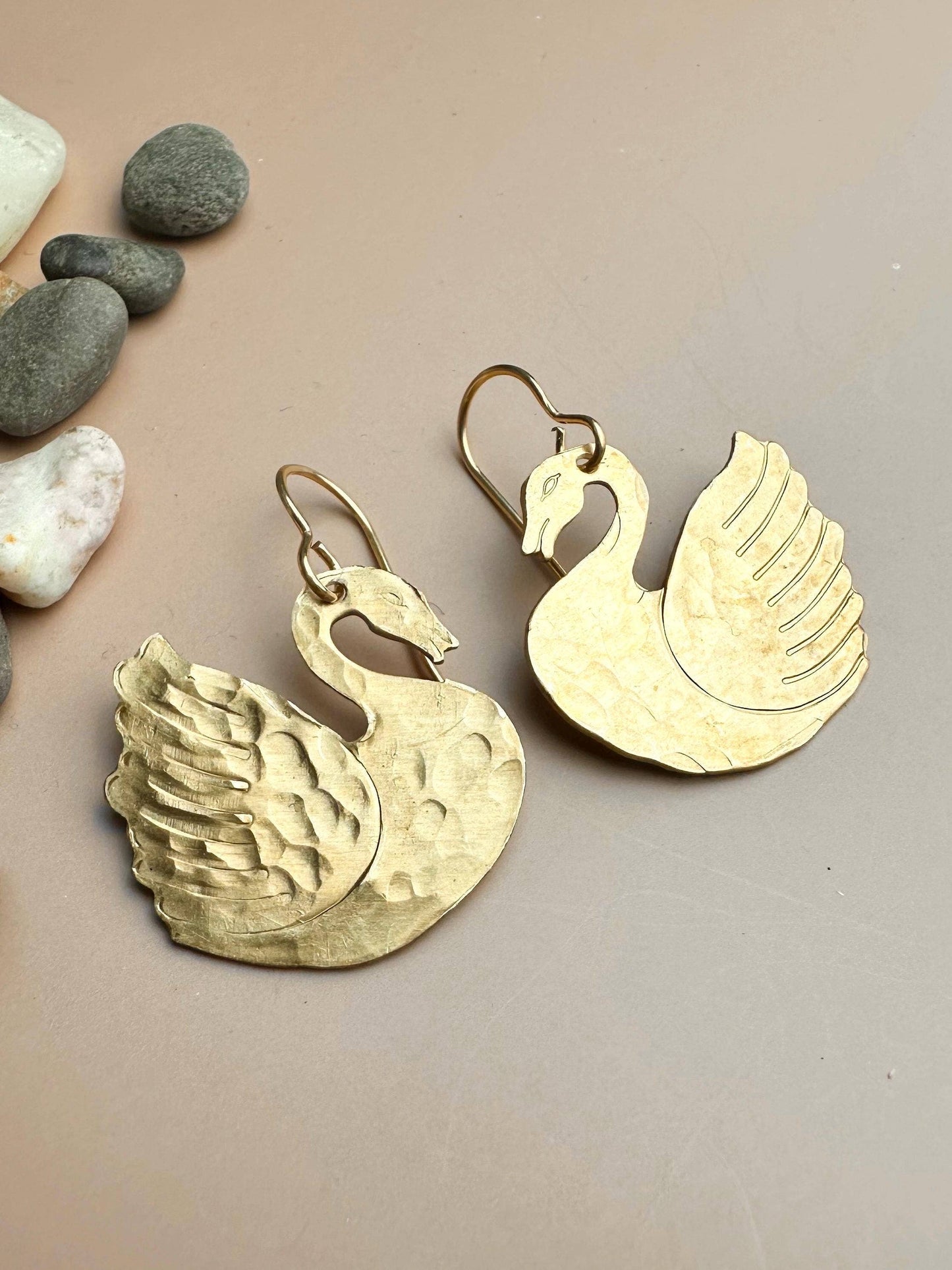 Signet Swan Earrings - Beaten Solid Brass