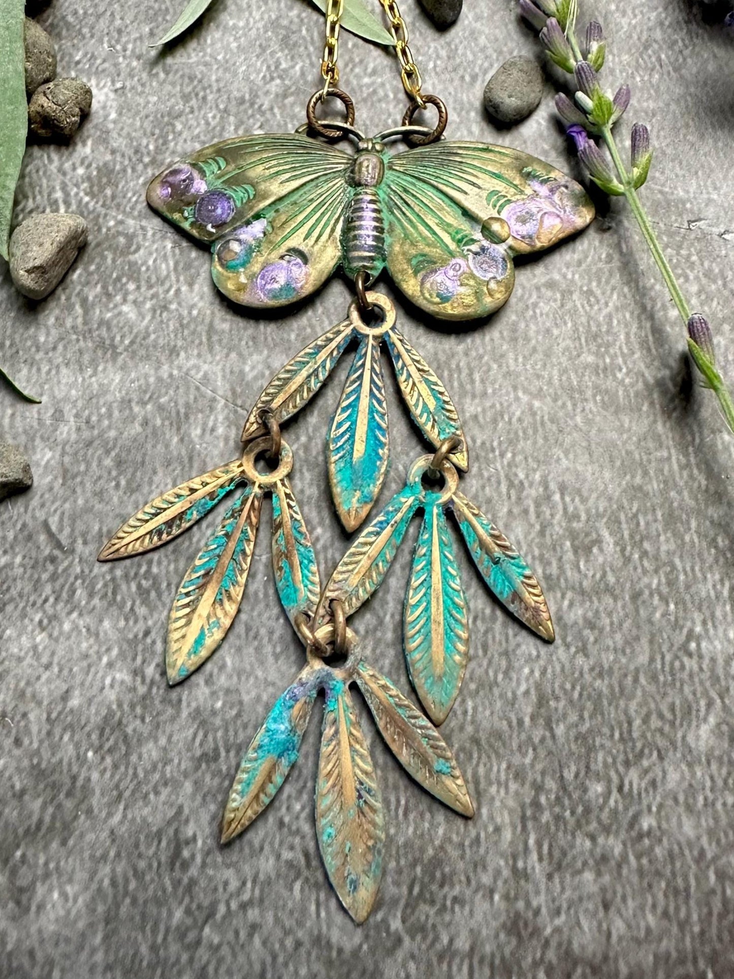 Butterfly Palm Leaf Necklace - Handmade Solid Brass Iridescent Resin Hand Patina
