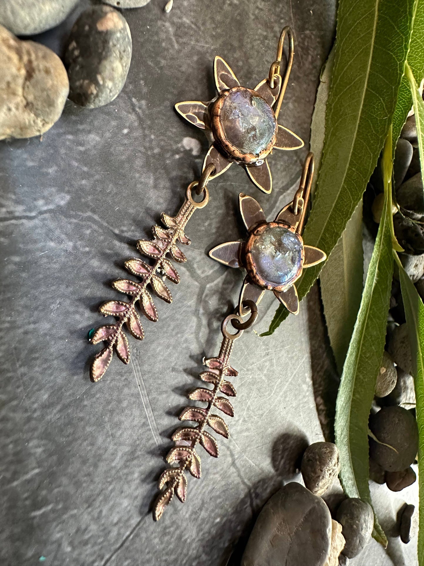 Dewdrop Fern Forest Earrings- Handmade Iridescent Patina