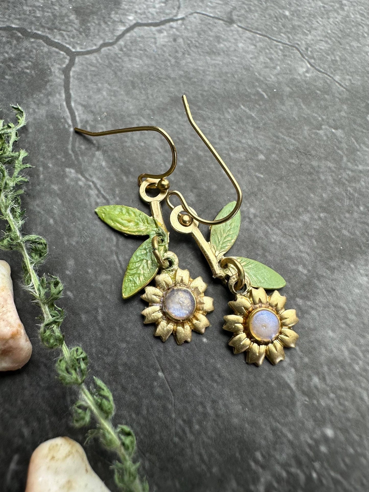 Sunflower Dangle Earrings, Botanical Floral , Brass Drop, Na