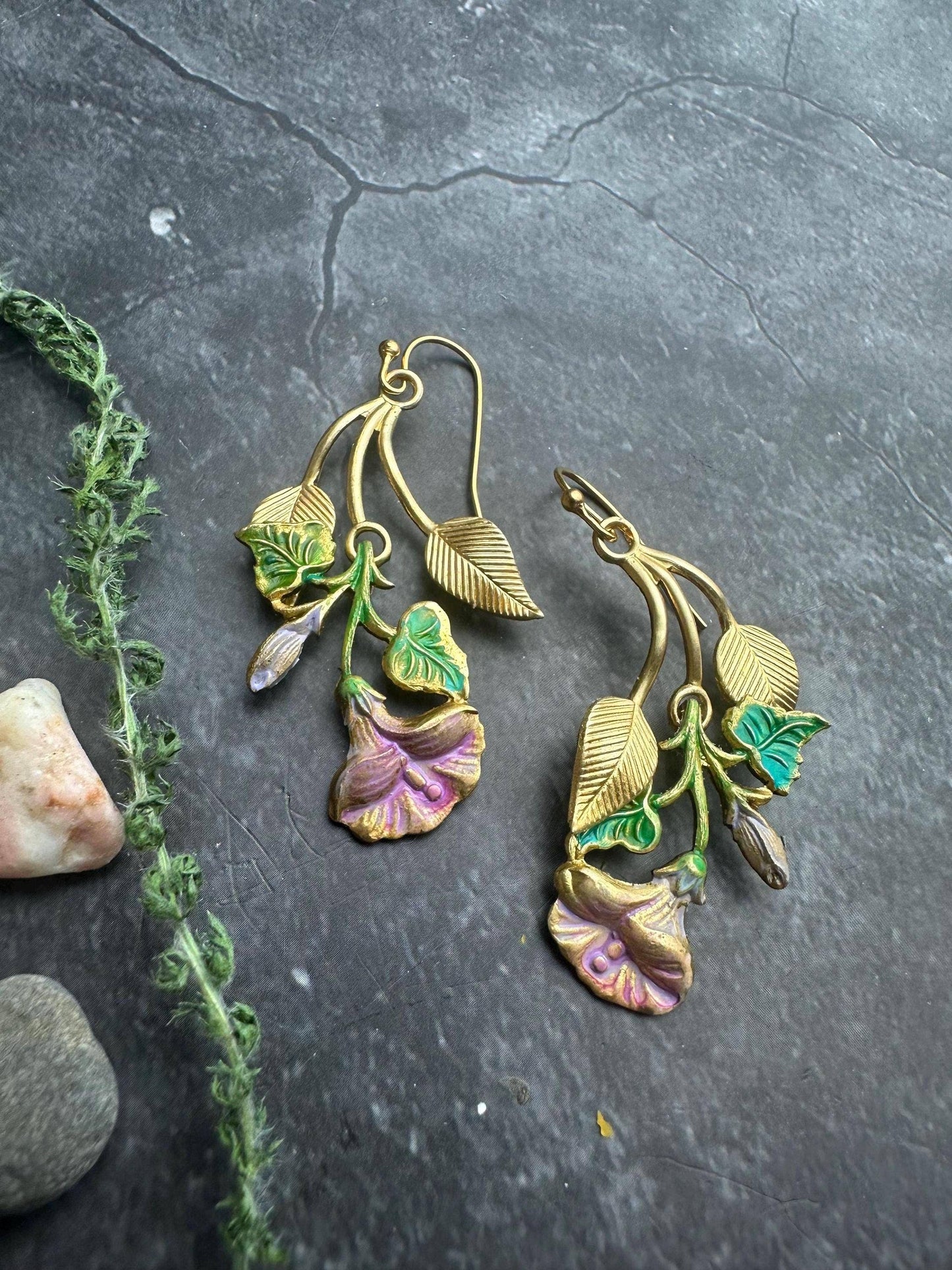 Morning Glory Earrings, Floral Dangle, Brass , Botanical Sta