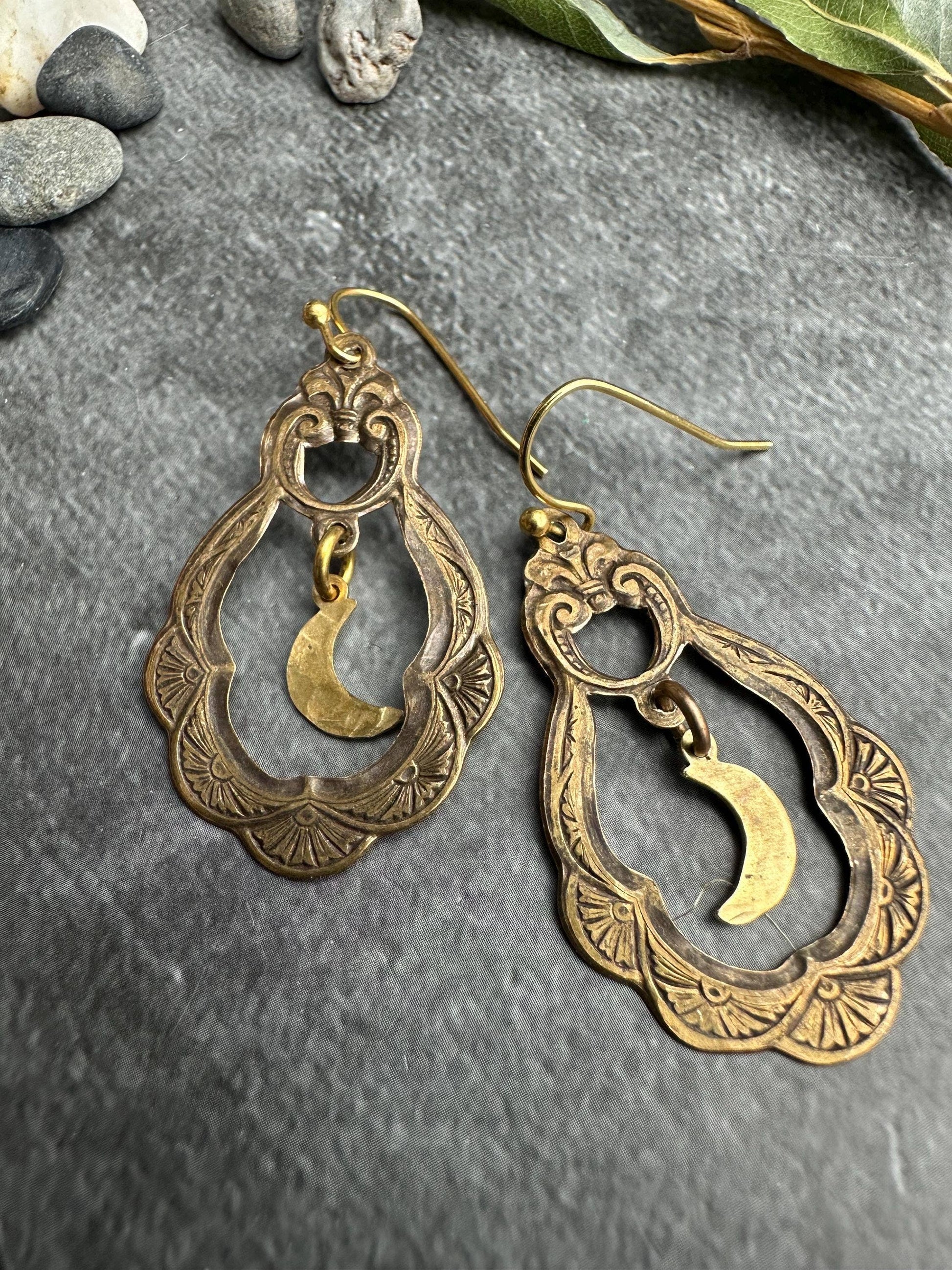 Ornate Brass Crescent Moon Garden Earrings