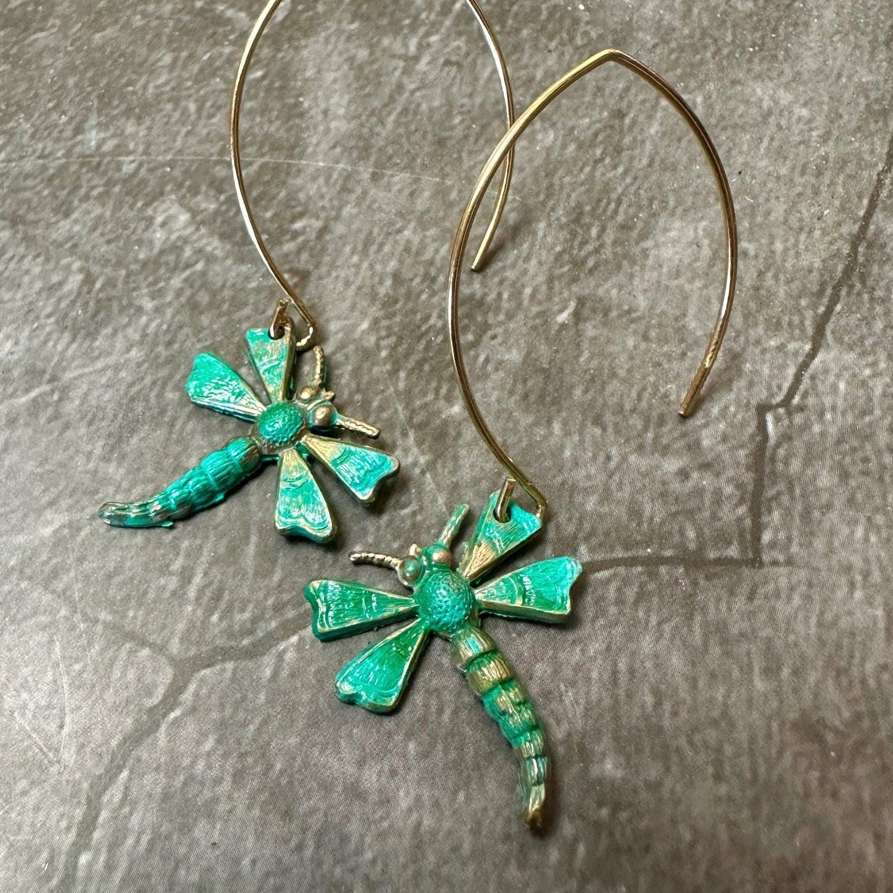 Dragonfly Charm Earrings - Handmade Brass with Verdigris