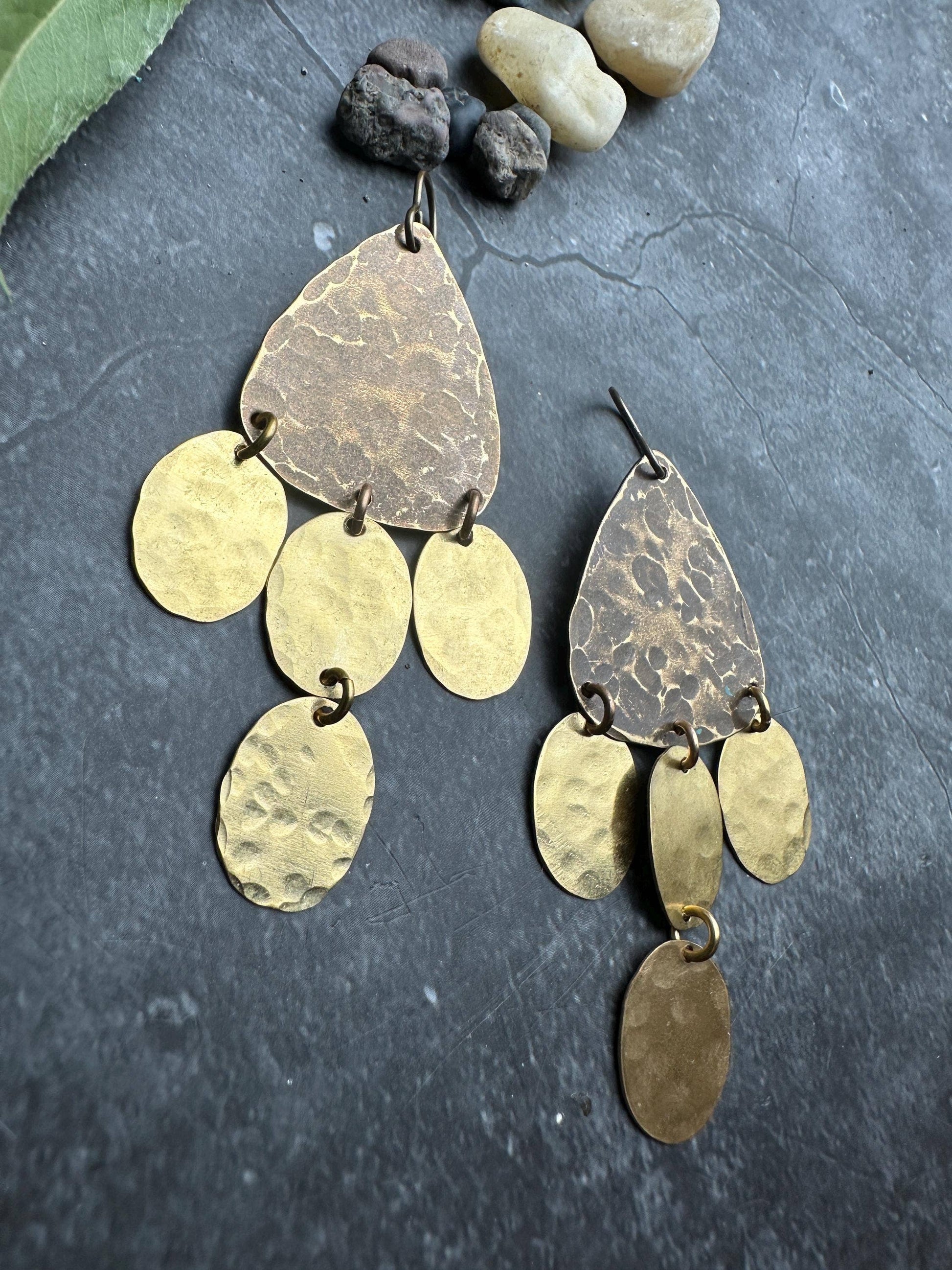 Geometric chandelier - Handmade Solid Beaten Brass Earrings