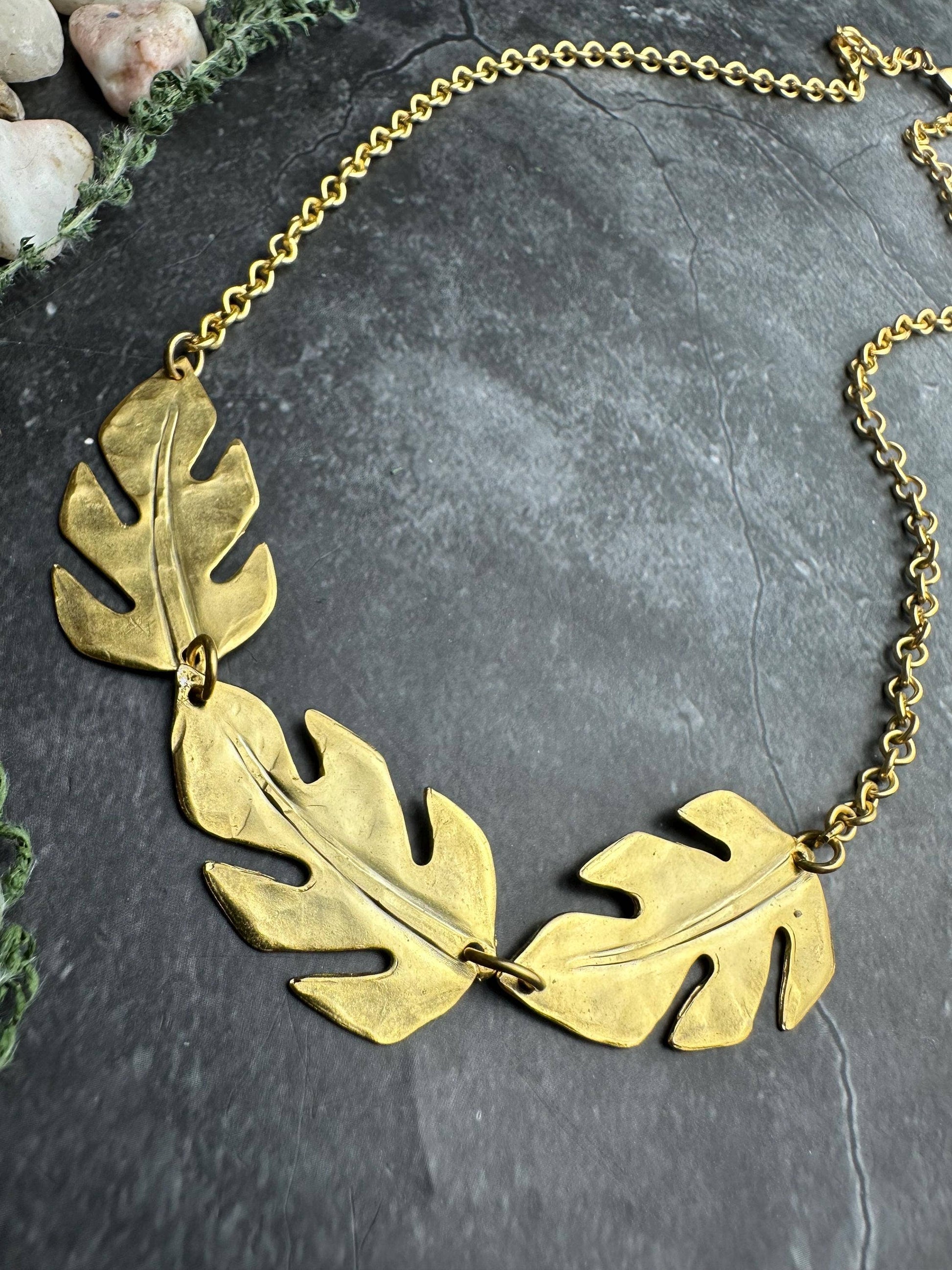 Monstera Leaf Necklace, Botanical Statement , Brass Nature C