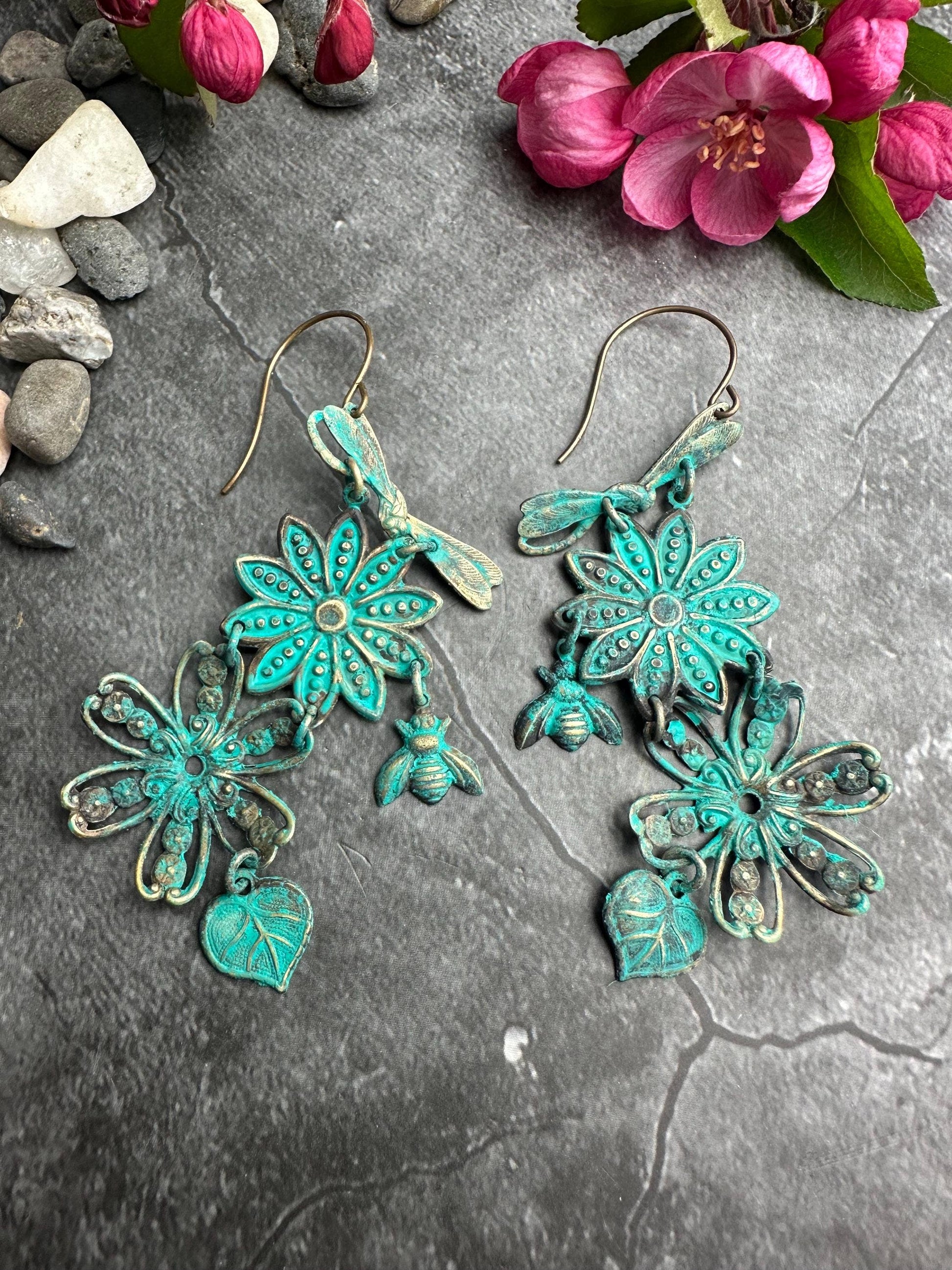 Patina Floral Insect Earrings