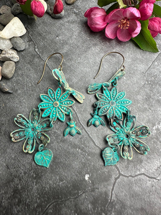 Patina Floral Insect Earrings