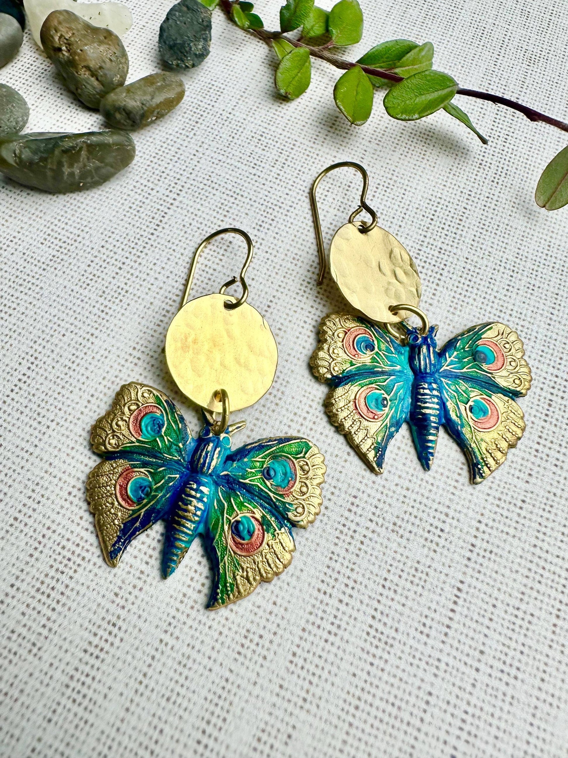 Peacock Butterfly Earrings - Hand Painted Brass Dangles