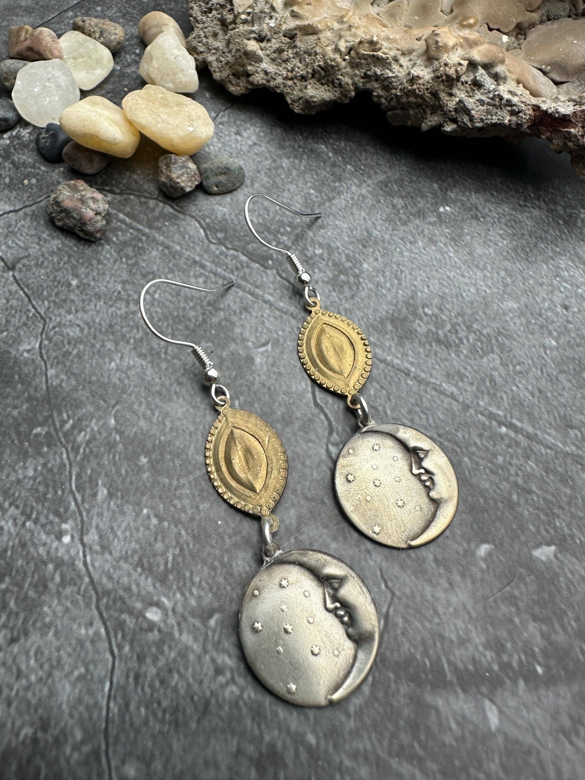 Handcrafted Man in the Moon Burnished Silver Coin Earrings