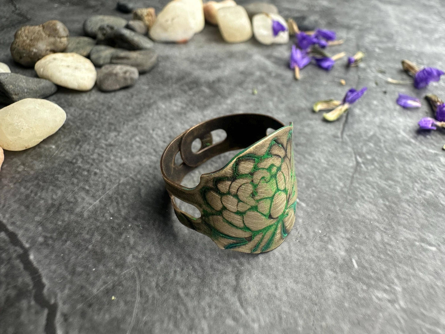 Lotus Flower Etched Ring - Adjustable Brass Cuff Ring