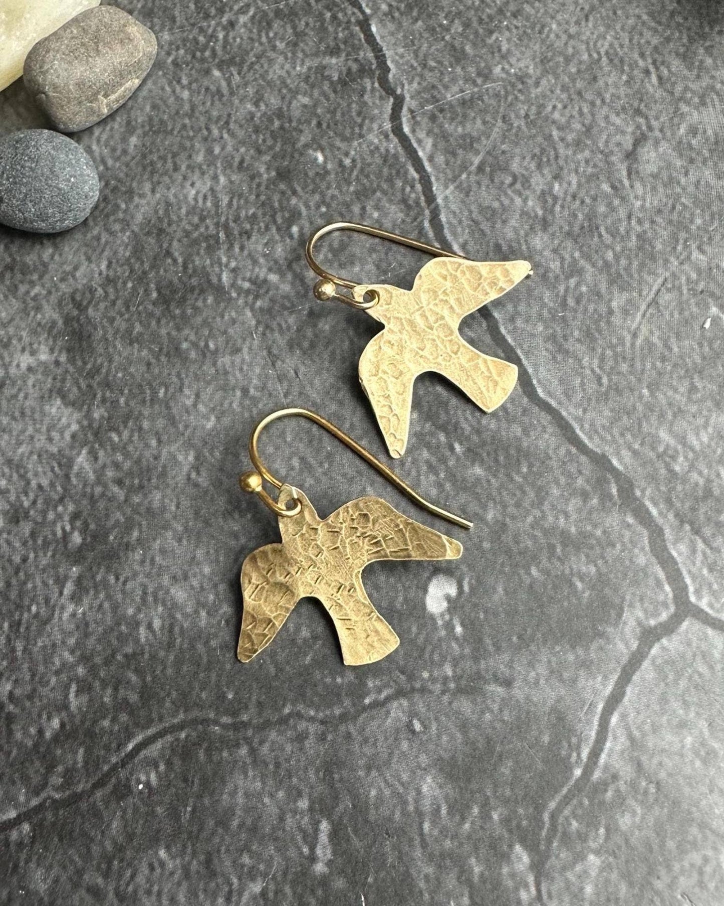 Minimal Bird Earrings - Small Hammered Brass Sparrow Drops
