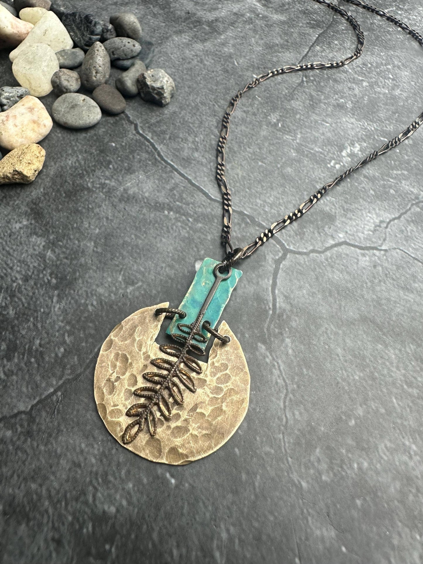 Geometric Fern Necklace - Hand shaped & Hammered Solid Brass