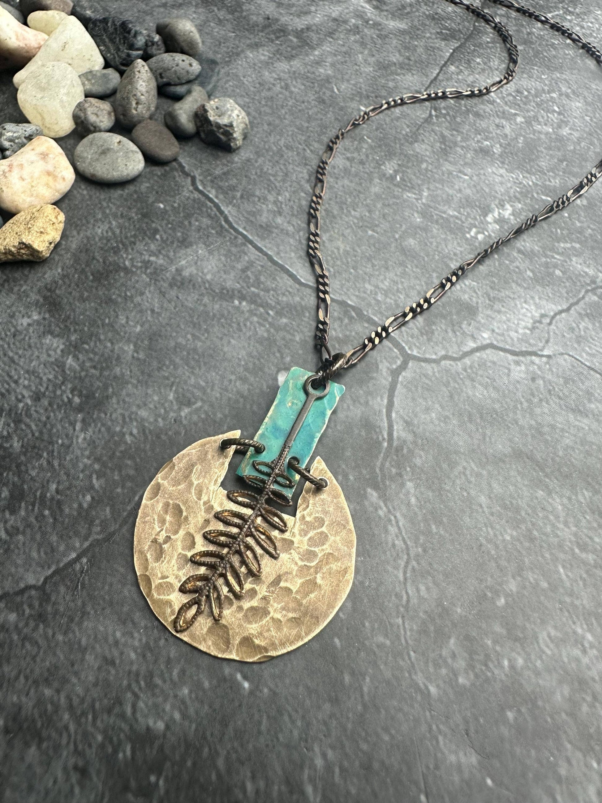 Geometric Fern Necklace - Hand shaped & Hammered Solid Brass