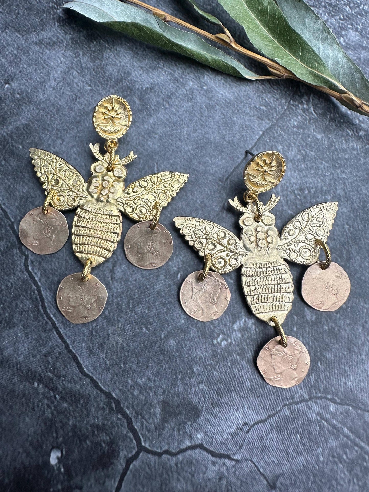 Bee Chandelier Earrings - Minoan Inspired Brass Post Dangle