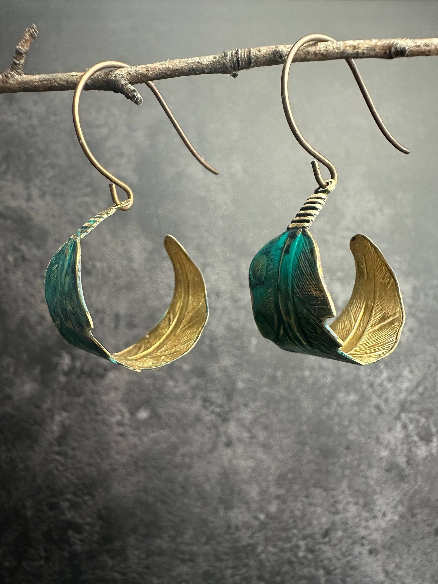 Curled Feather Earrings - Verdigris Patina Brass Dangles