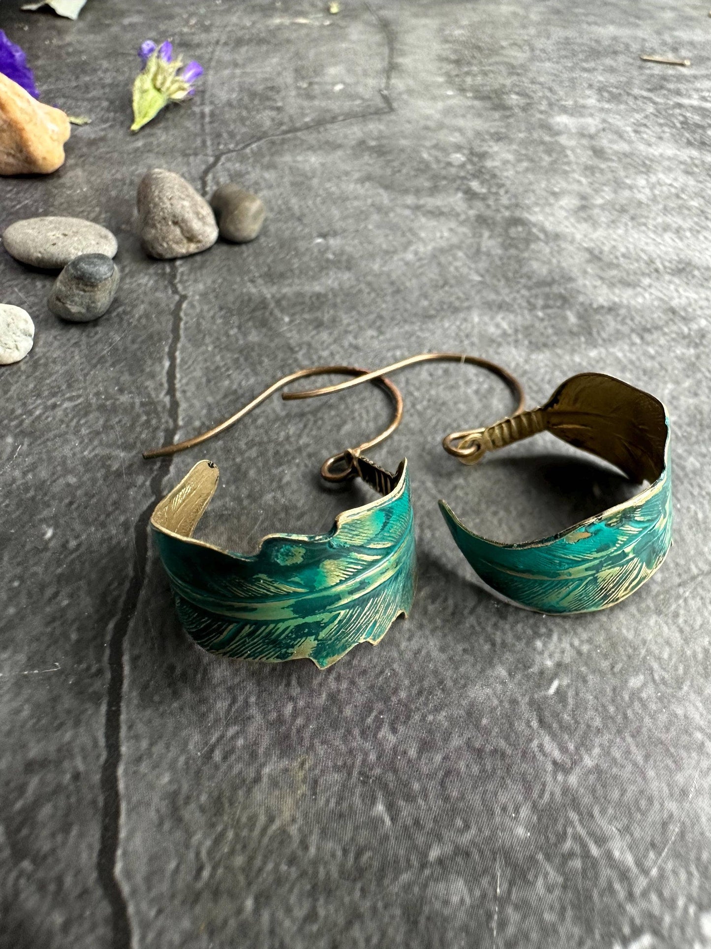 Curled Feather Earrings - Verdigris Patina Brass Dangles