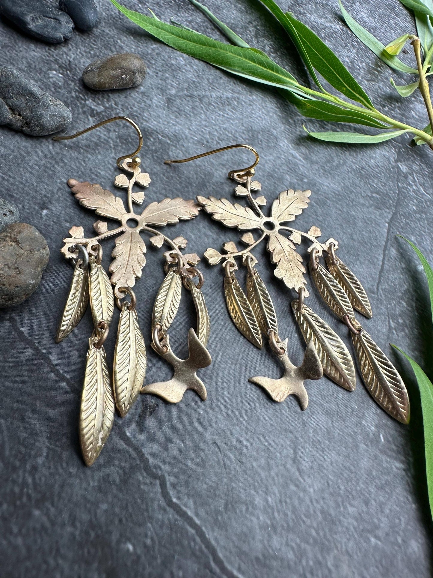 Botanical Leaf Earrings with Bird