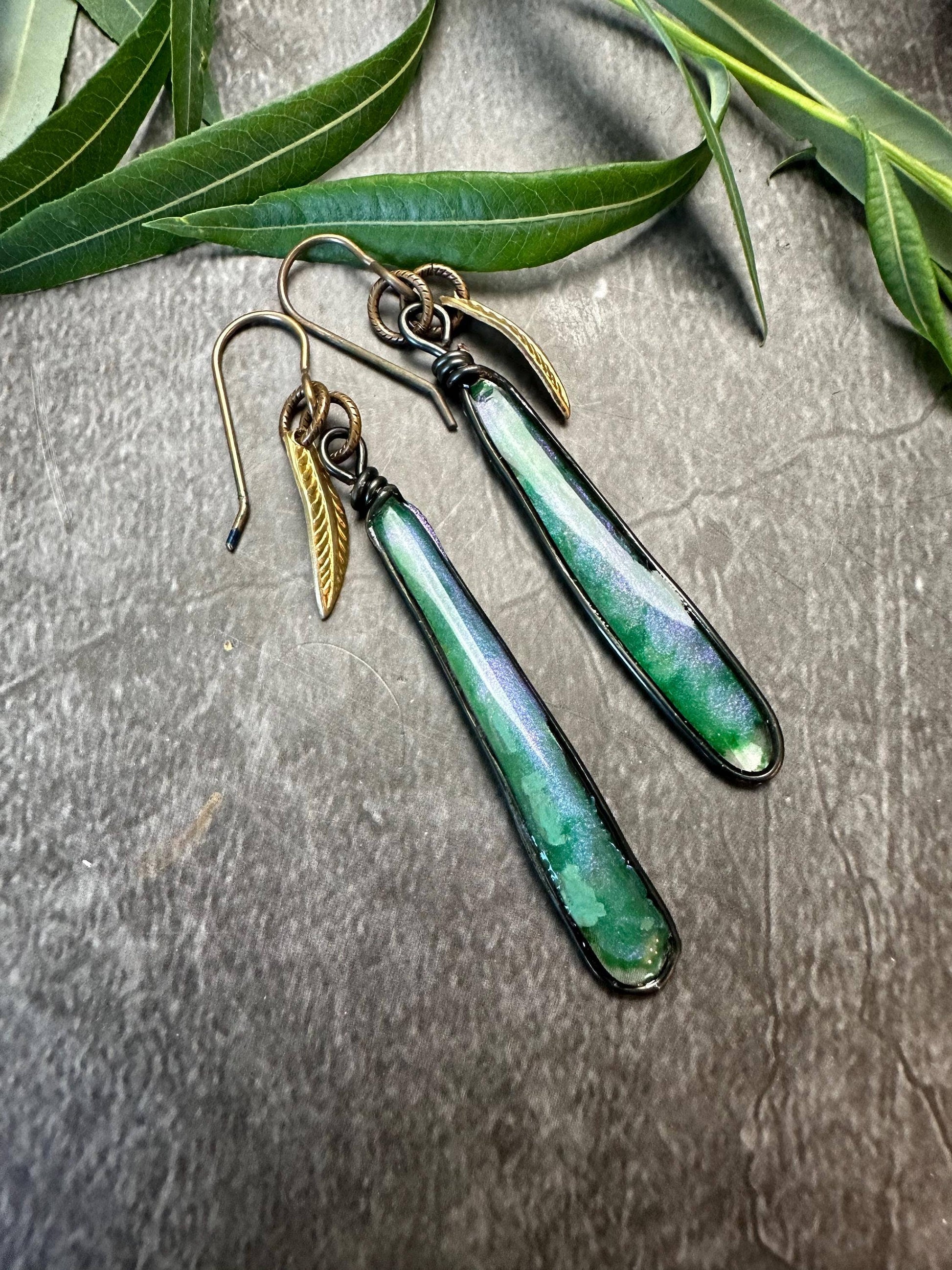 Iridescent Dragonfly Pool Earrings - Resin & Brass Leaves