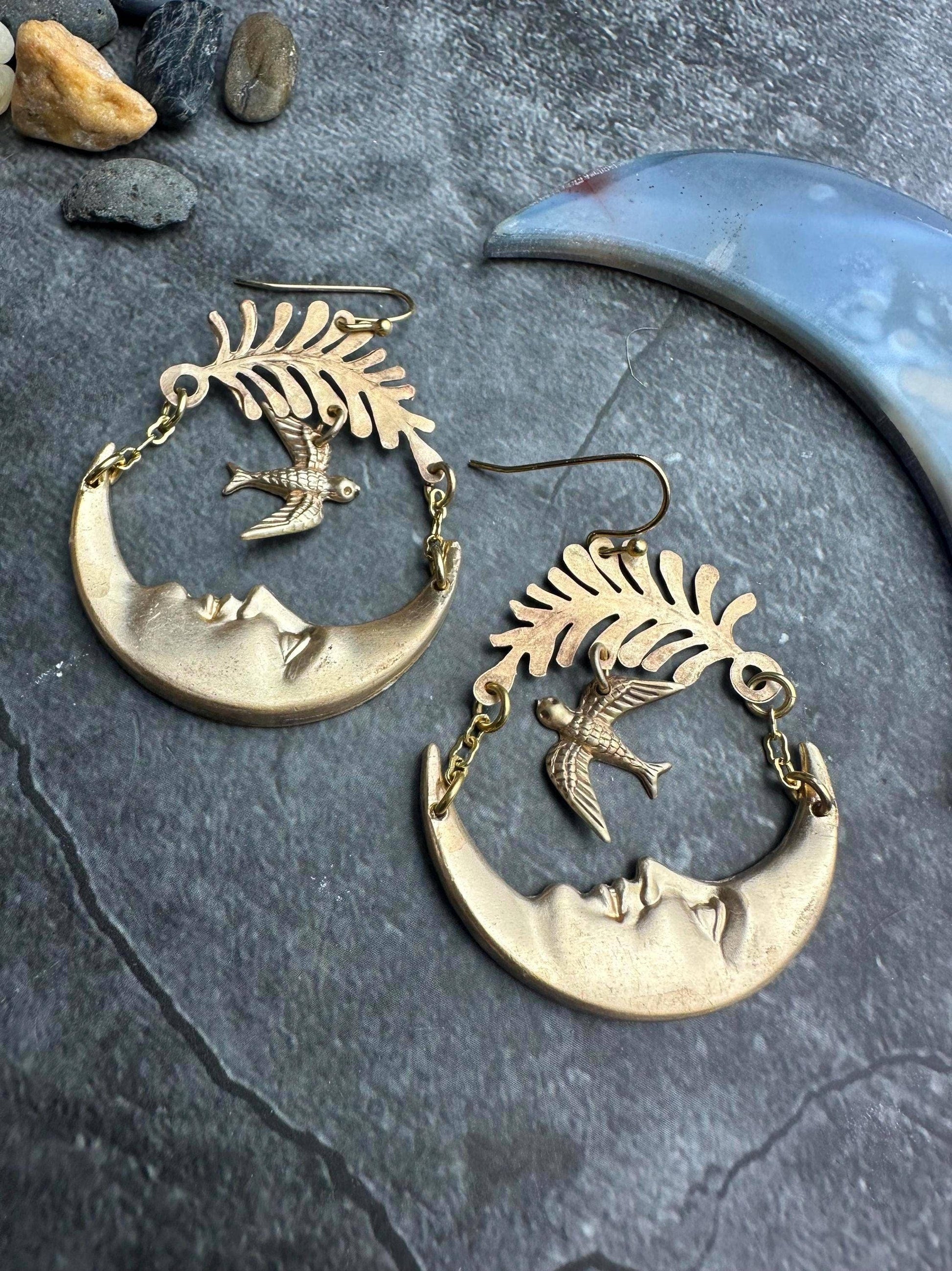 Luna Messenger Earrings - Crescent Moon Face with Bird