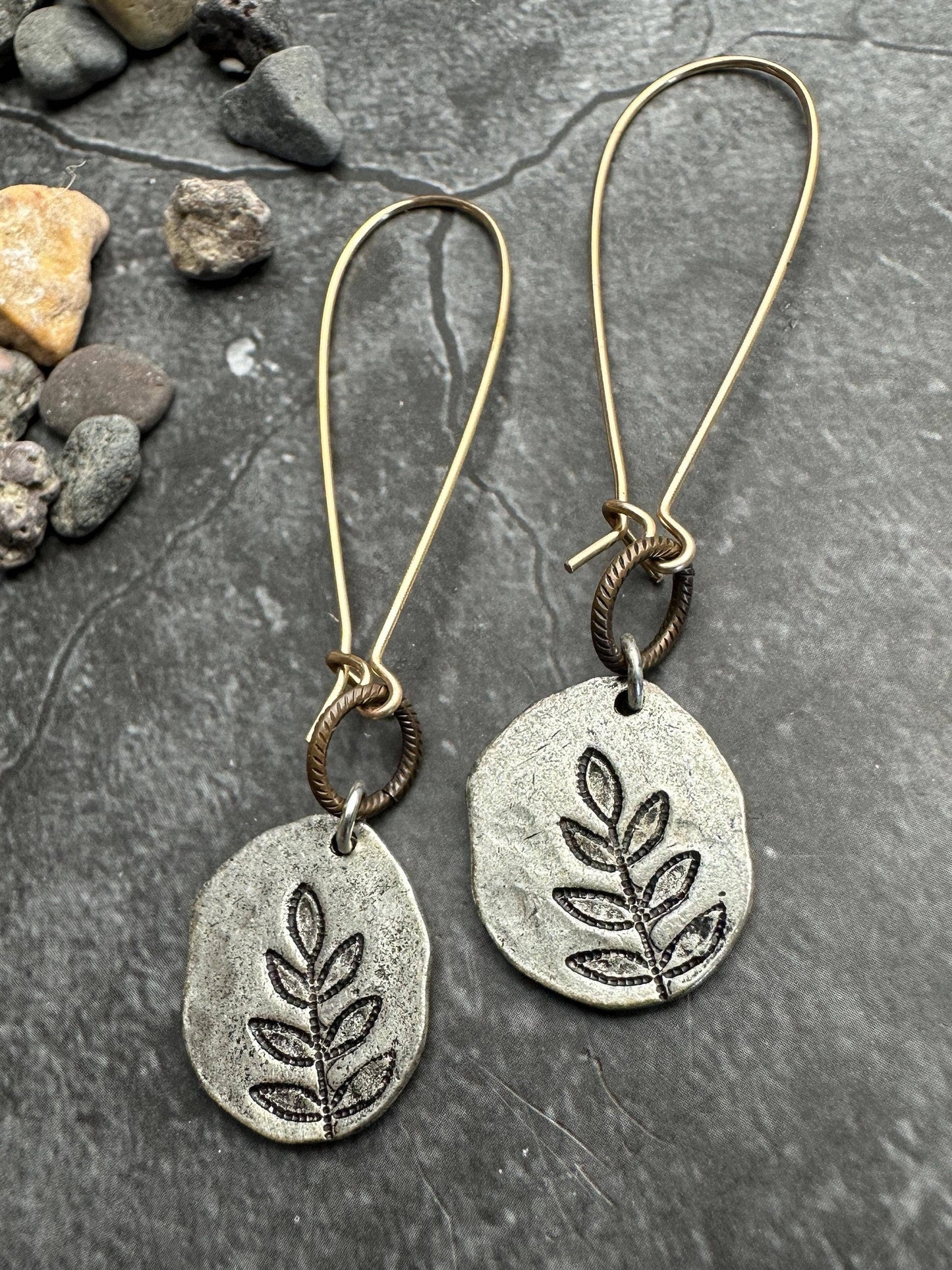 Imprinted Leaf Hammered Silver Organic Shape Earrings