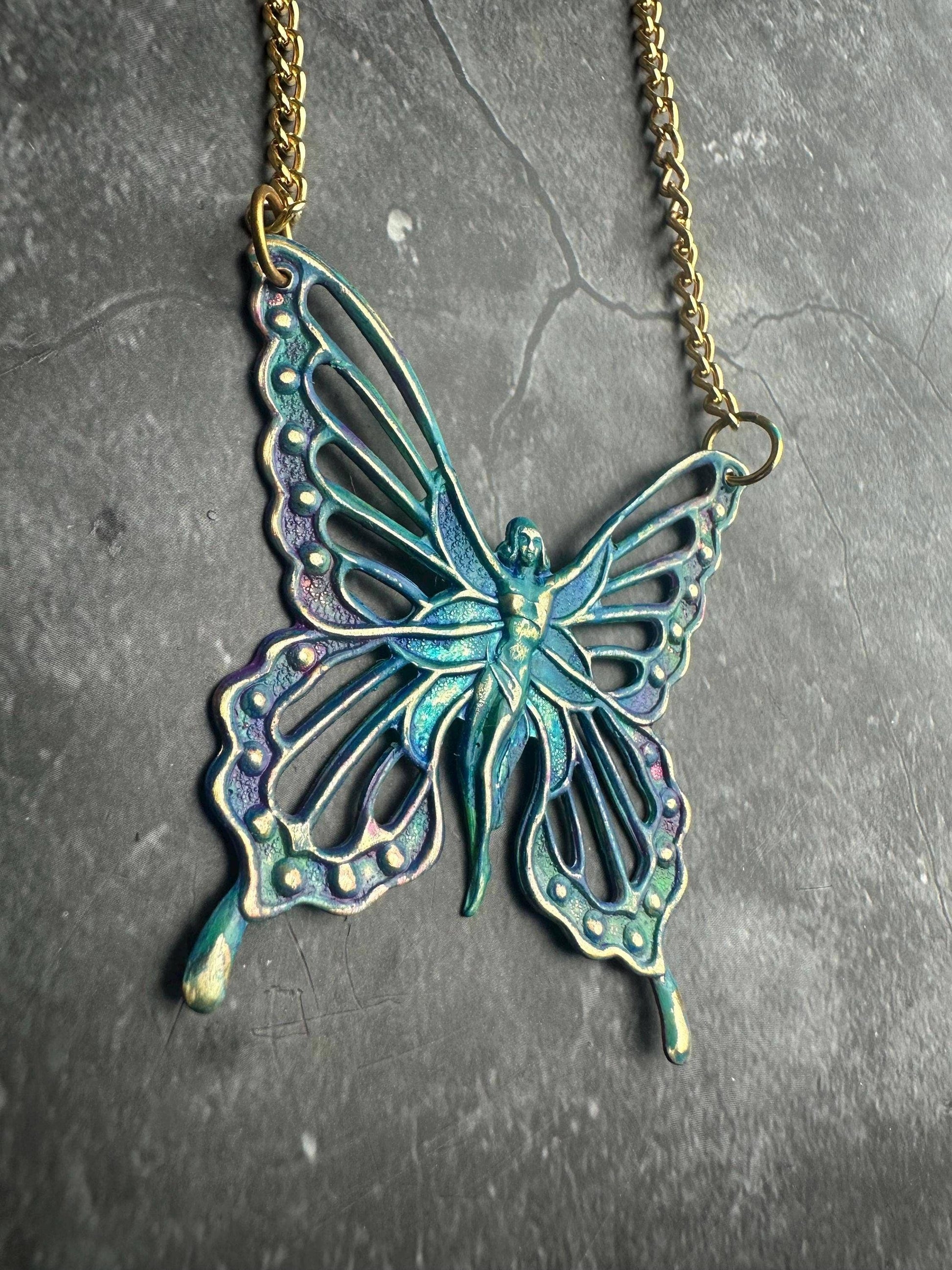 Fairy Butterfly Necklace - Solid Brass with Rainbow Patina