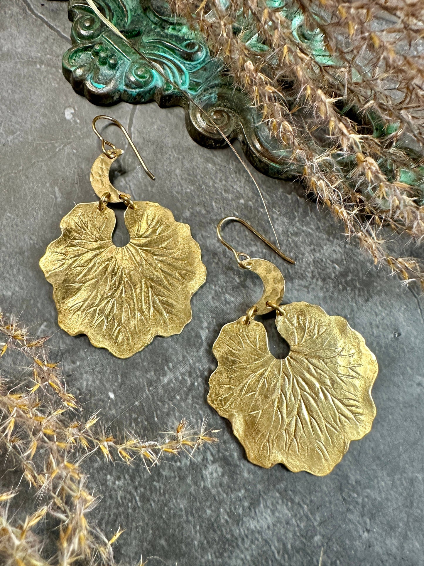 Lily Moon Earrings- Handmade Beaten Brass
