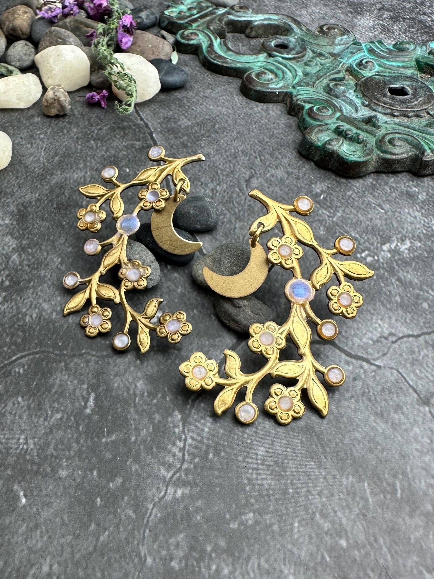 Botanical Branch Crescent Earrings, Iridescent Resin Detail