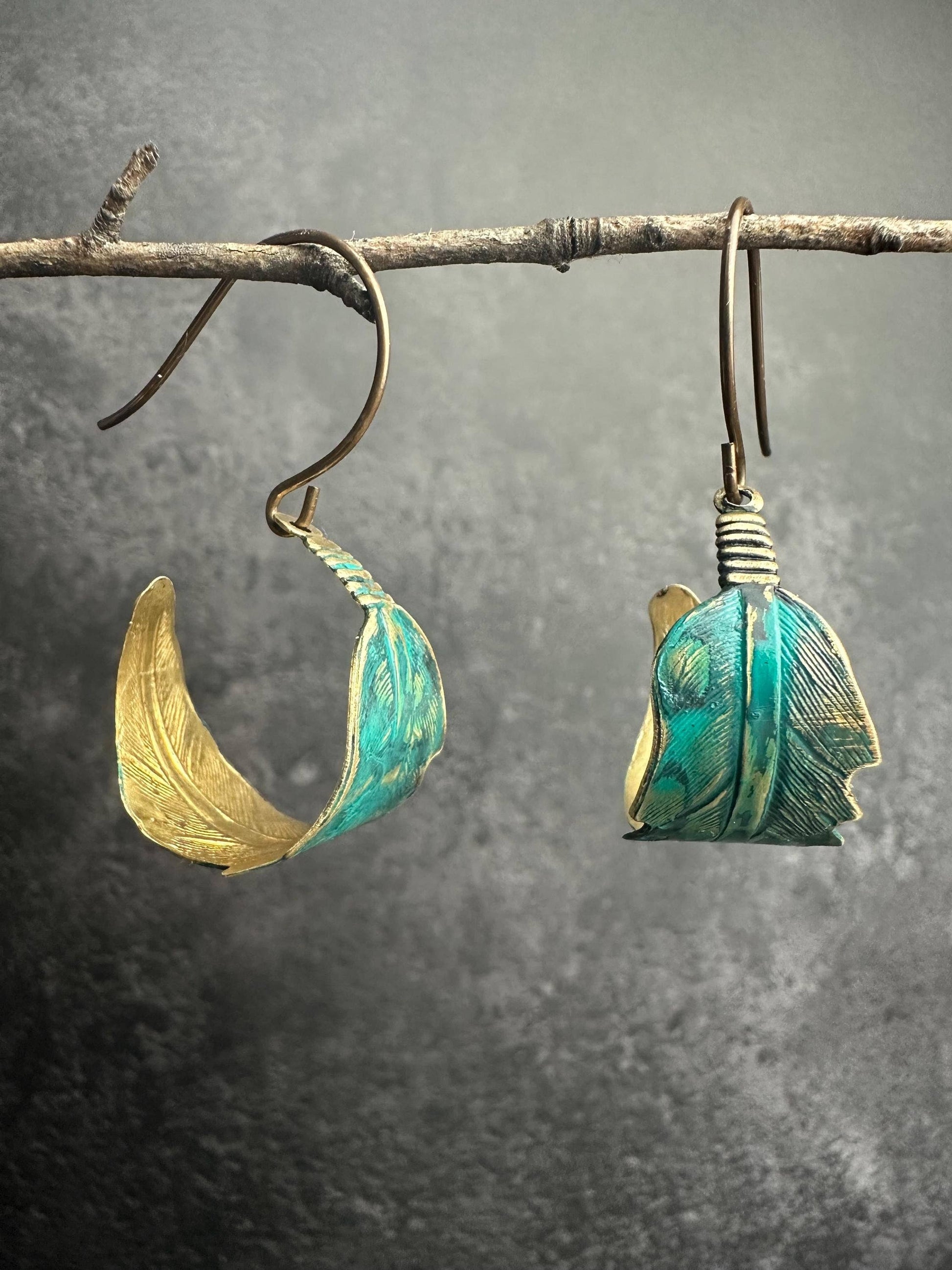 Curled Feather Earrings - Verdigris Patina Brass Dangles