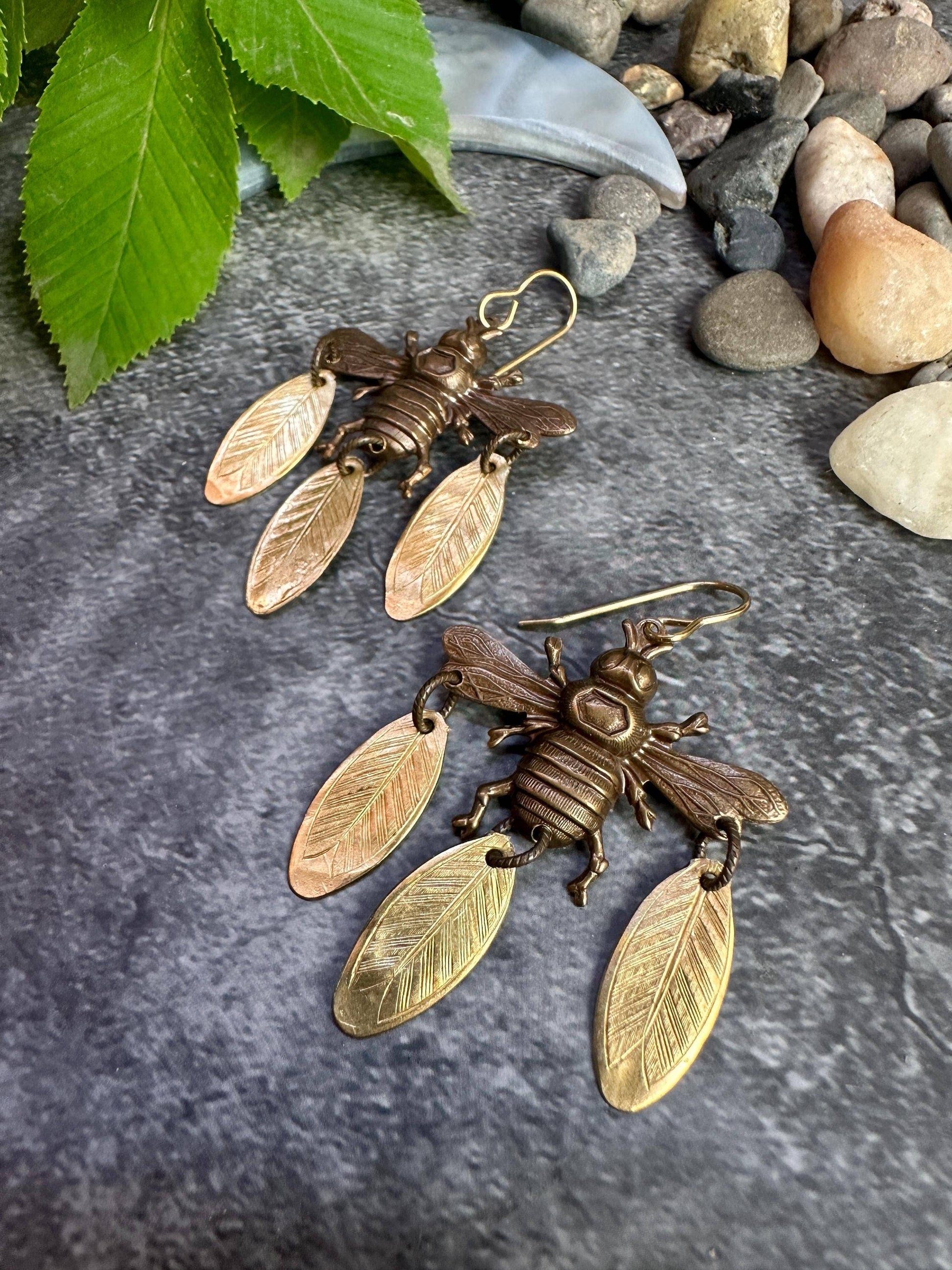 Ancient Bee Earrings - Handcrafted Solid Hammered Brass