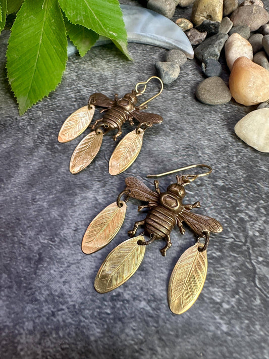 Ancient Bee Earrings - Handcrafted Solid Hammered Brass