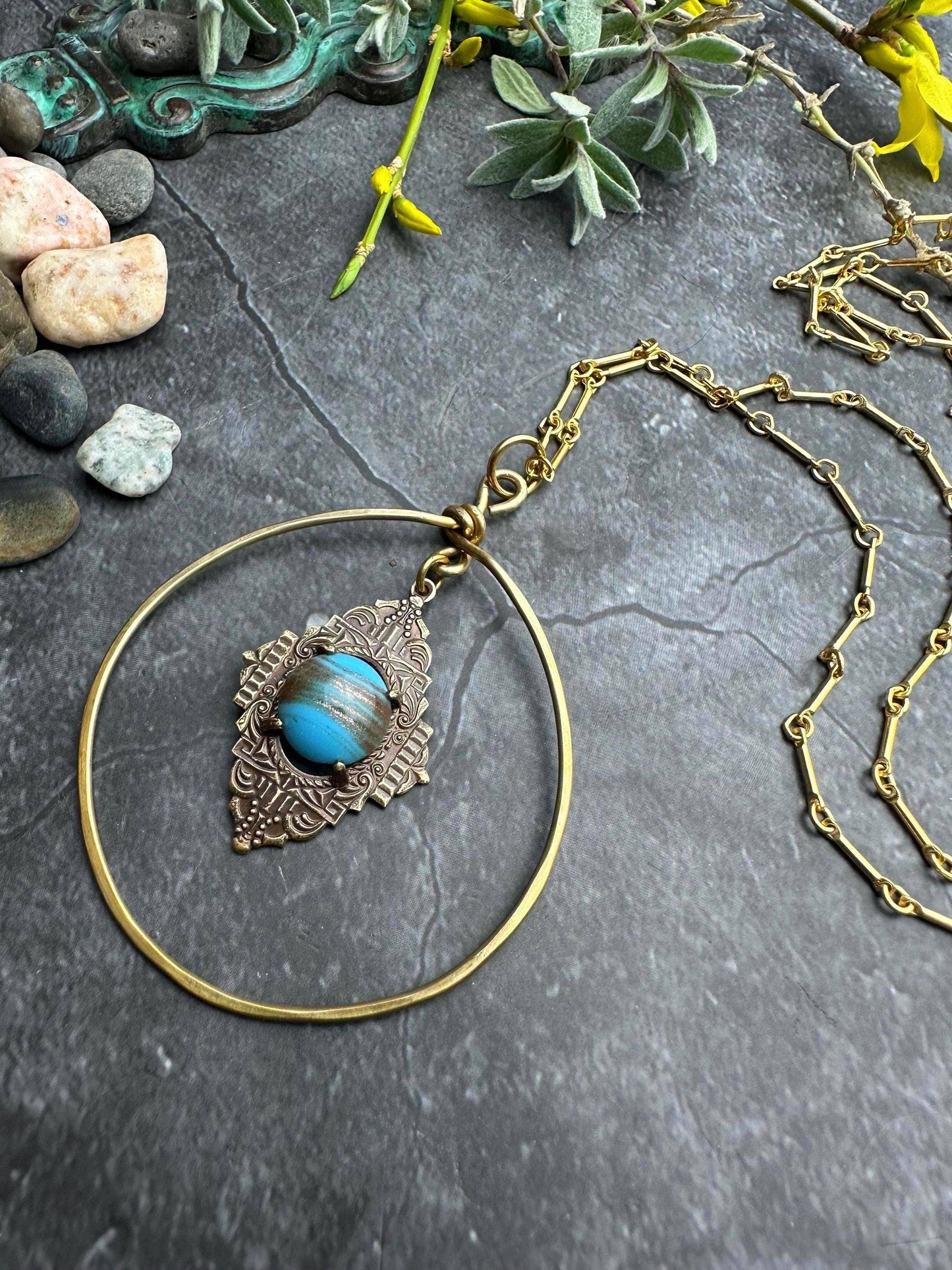 Venetian Glass Hoop Pendant Necklace - Brass Halo Pendant