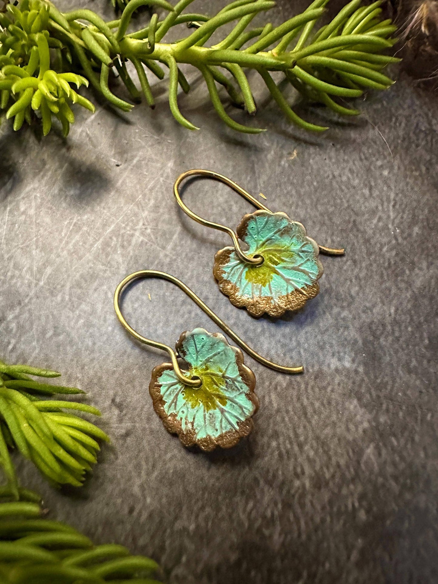Lily Pad Leaf Earrings - Handcrafted Brass with Green Patina