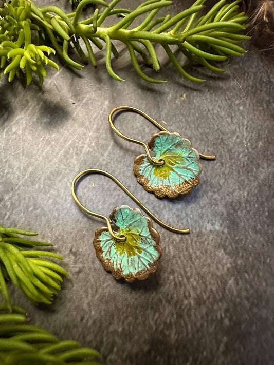 Lily Pad Leaf Earrings - Handcrafted Brass with Green Patina