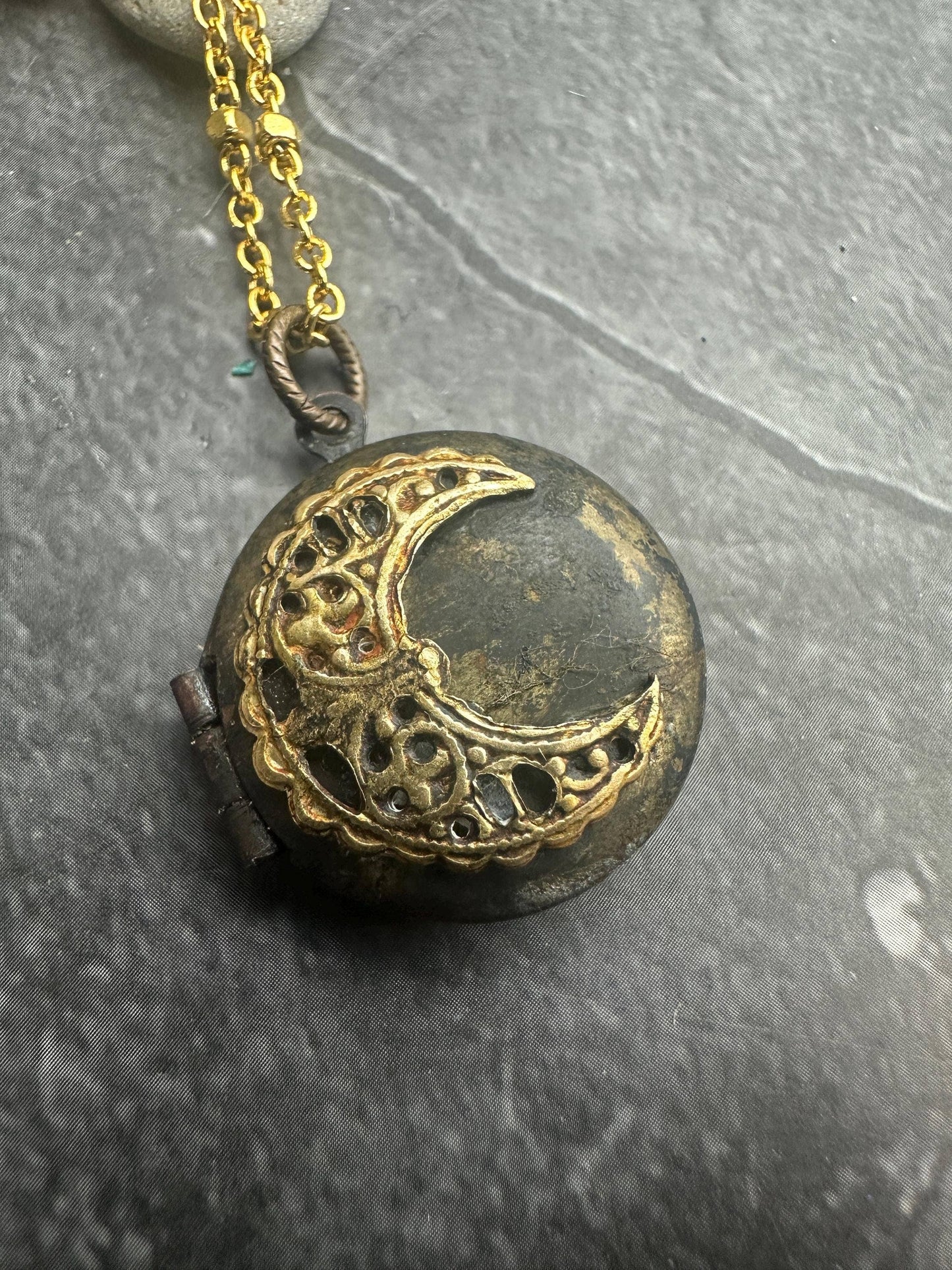 Vintage Brass Crescent Moon Locket Necklace