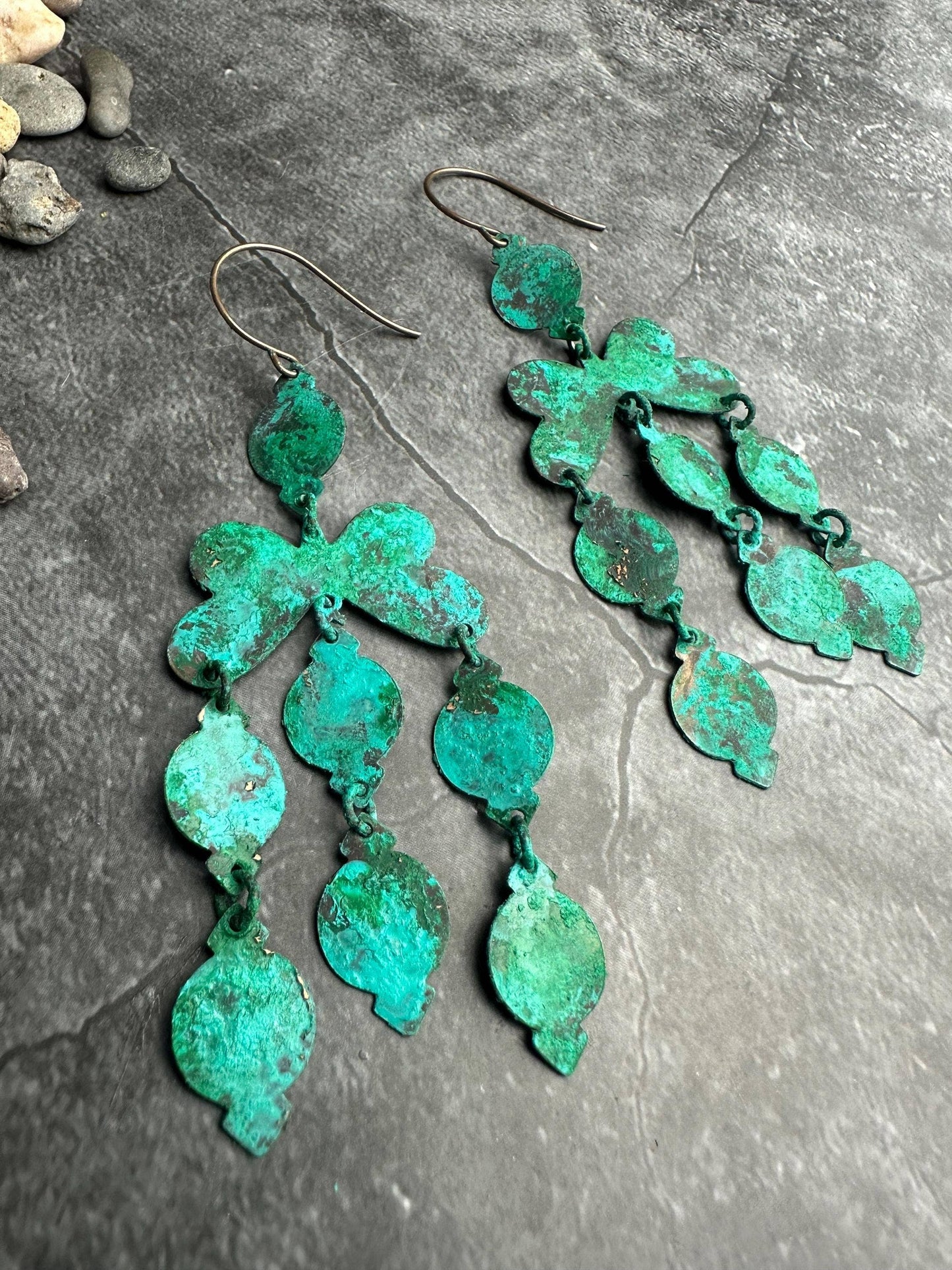 Rustic Silhouette Chandelier Earrings - Brass Green Patina