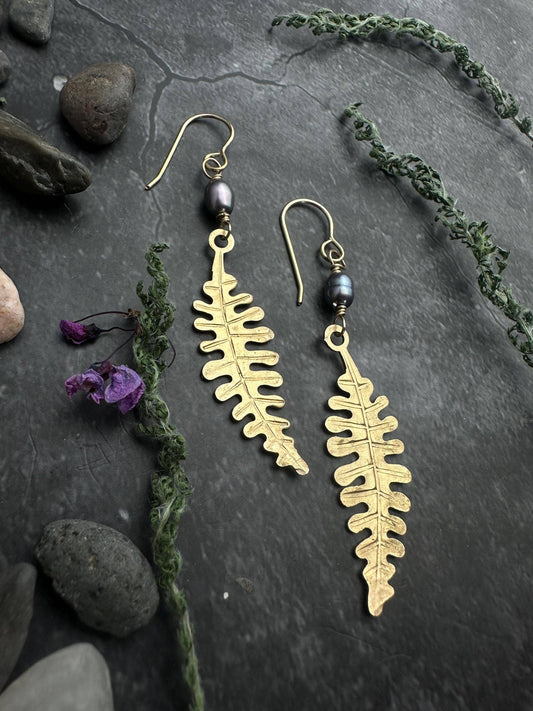 Fern Leaf Dangle Earrings, Hammered Brass, Pearl Botanical