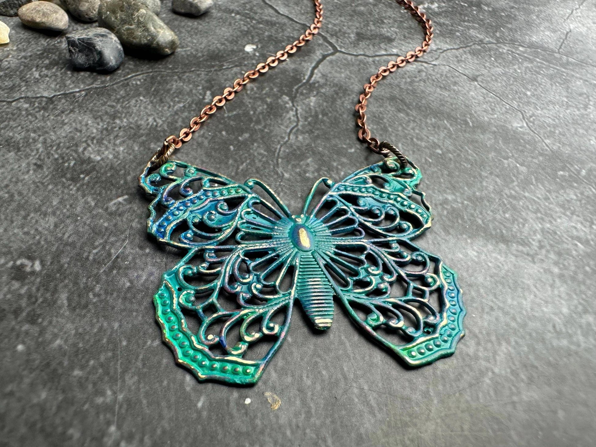 Filigree Butterfly Necklace - Solid Brass with Blue Patina