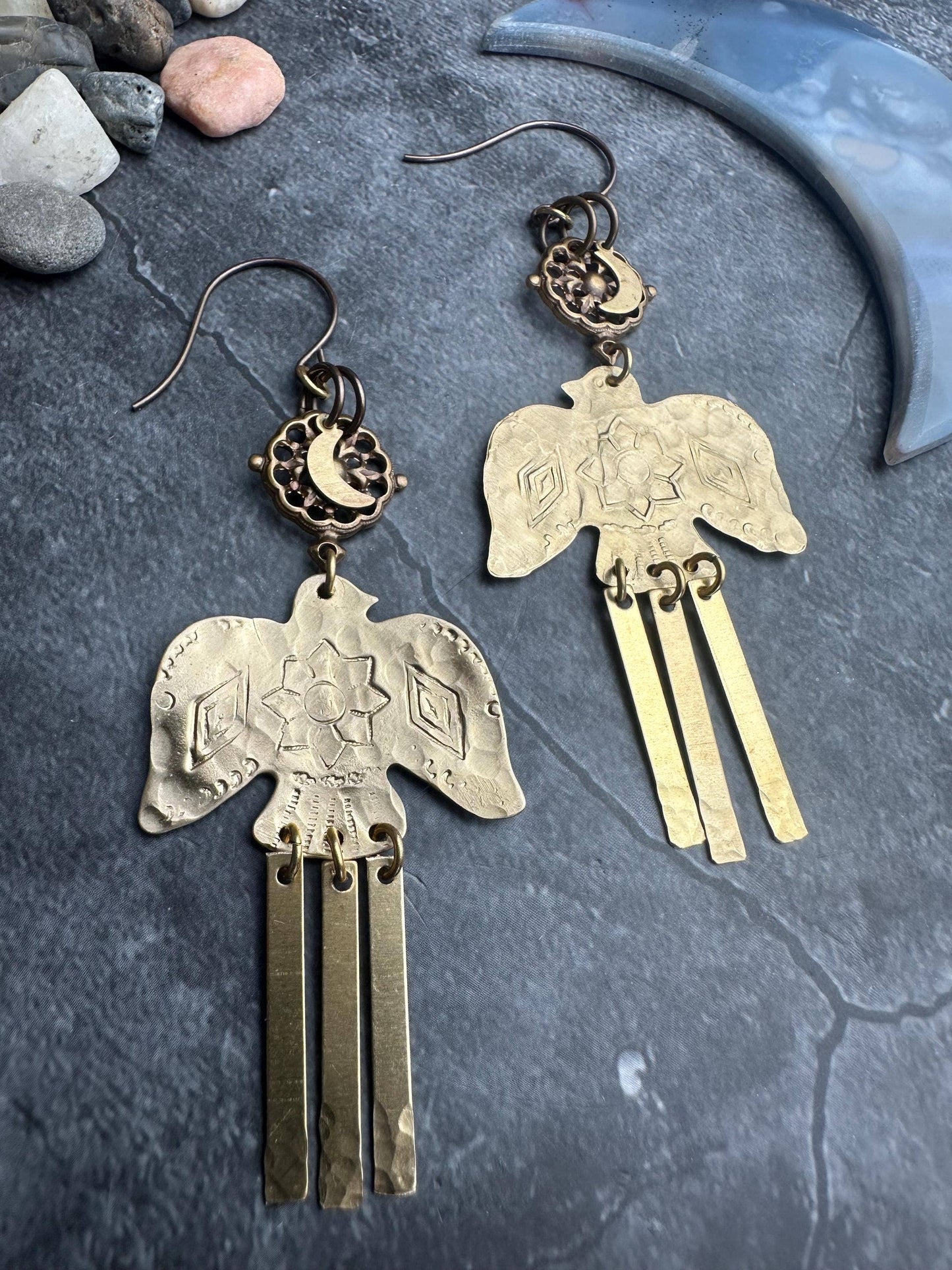Thunderbird Moon Earrings - Brass Bird Celestial Dangles