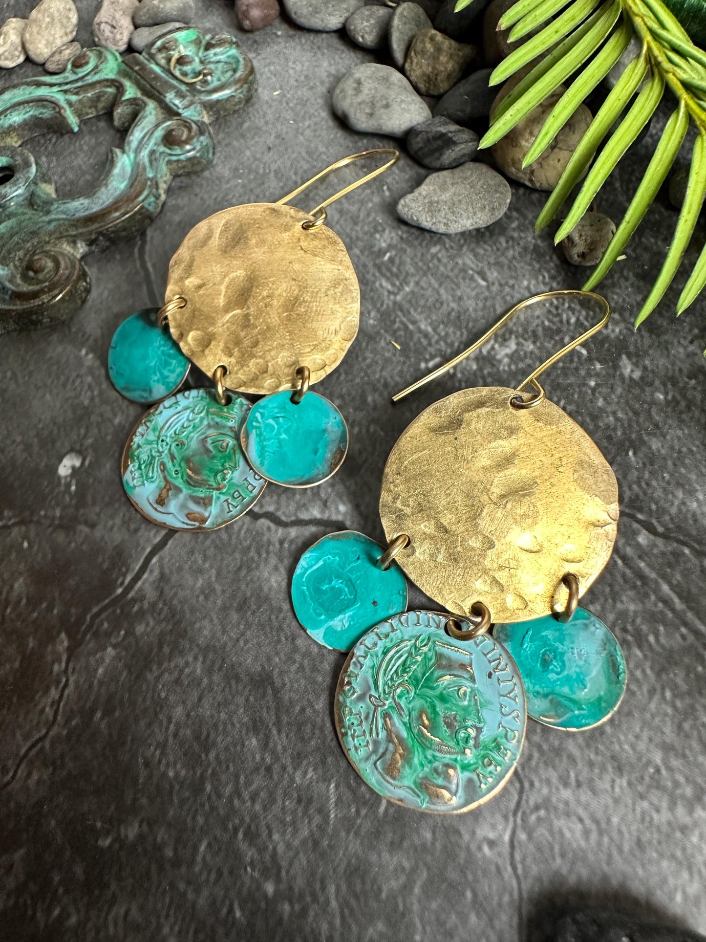 Hammered Coin Earrings- Handmade Solid Beaten Brass Green Blue Patina