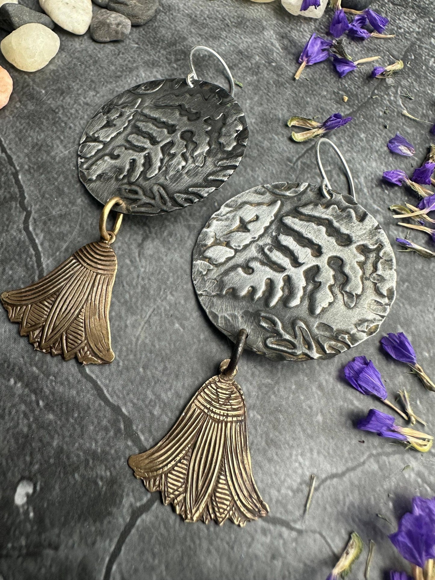 Embossed Fern Pewter Disc Earrings with Brass Drops